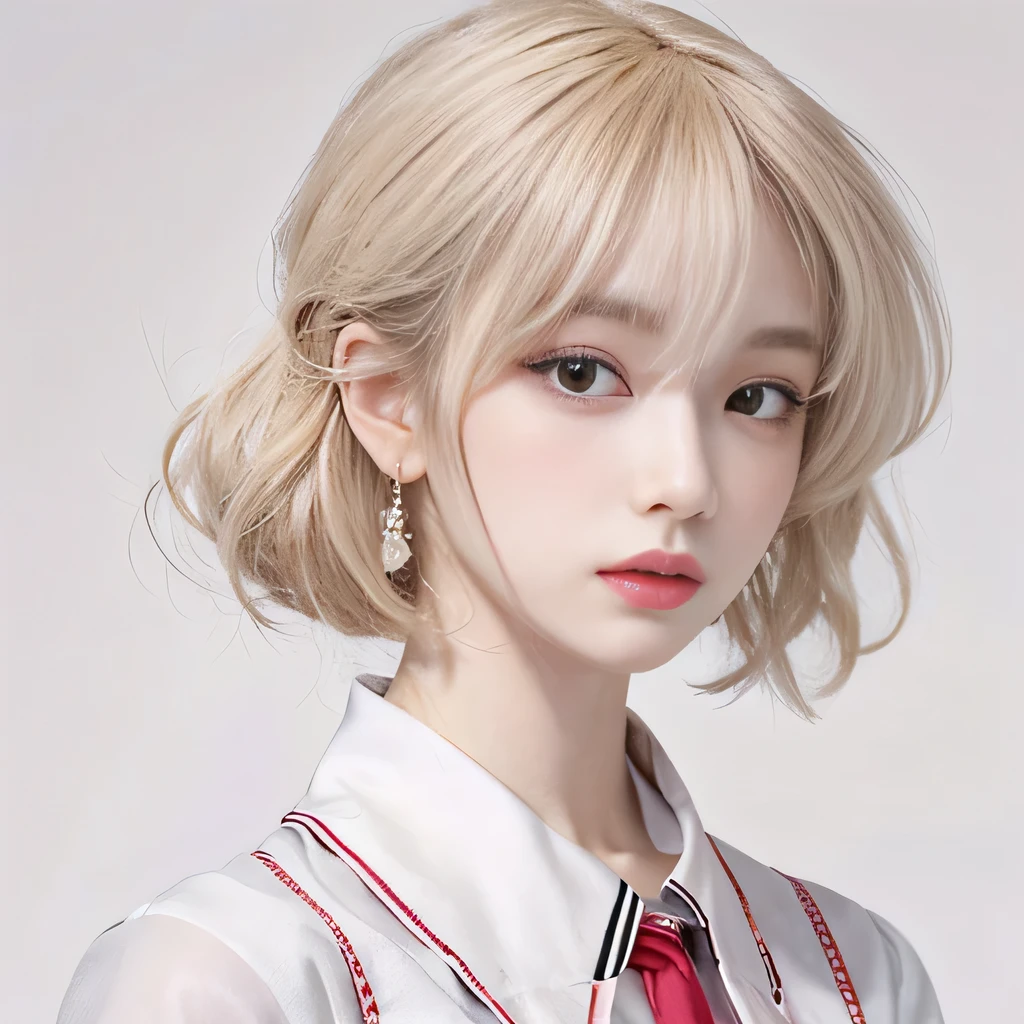 8k）、（best image quality:1.5）、gray background、close up of face、１girl、masterpiece、delicate and sharp eyes、brown eyes、eye power、delicate face、cup、attractive face、platinum blonde hair、Semi-long wave、japanese school uniform、white uniform、Clothing that shows the collarbone、gal、Emphasis on the clavicle、earringeanwhile、