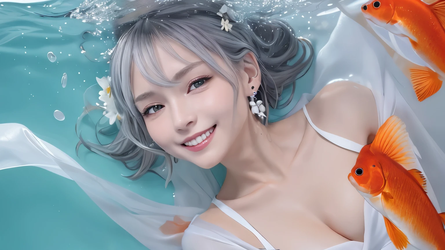 1 girl ,earrings,Goldfish ,precious stones ,sash,underwater ,Goldfish,White flower ,Akame,Behold ,get up, gray hair,clavicle,length、generally、Kamimei、looking at the viewer、white dress、Red Heavenly Woman's Robe、cleavage、close up of smiling face、beautiful eyes
