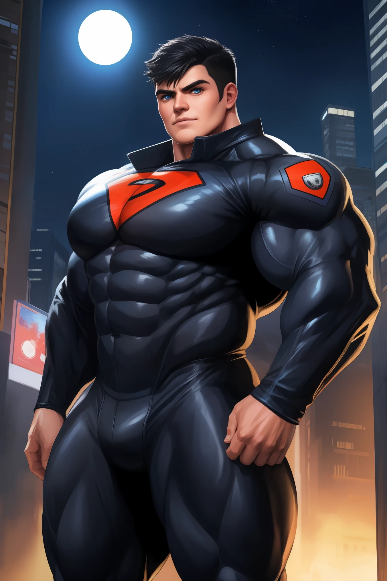  ((character design sheet, Same character, Front, side, Back)) Competitive  bodybuilder pro, nj5pielry, (human boy, Massive, manly, huge, muscular, Gigachad), boy, very attractive boy, mexican ethnicity.  16 years old, . ((Extremely realistic shadows, Masterpiece, extremely detailed, photorealistic)), human, hornless, mischievous expression, Without beard, white teeth, ((Detailed face)) nose, brown eyes, ((detailed eyes, delicate eyes, realistic eyes)), tanned skin. Conan Exiles Style, standing front, young superhero (young face) ready to fight, top rated pixiv, wears a Bodysuit,  chiseled abs, chiseled pecs, 470 kgs, front view, even shoulders, perfect massive muscles, inflated muscles, voluminous pectorals, massive muscular body, a huge gigantic chest with a narrow waist, huge shoulders, ridiculously well-shaped large pecs, eight chiseled abs, arms thick as trunks and formidable thighs. (very toned and huge) hhis ridiculously broad shoulders, his absurdly wide back and his indecently muscular backs of arms, thick and defined thighs, huge and very voluminous and bulging pectorals;  A muscular bodybuilder in the . A potential competitive bodybuilder. Even the back of his head was hot, with his jet black military haircut and voluminous neck, narrow waist, superhero, Jet Black hair, military haircut, white sclera, blue eyes, no horns, d&d character, brave superhero, human, handsome face, young. City background, skyscraper, futuristic city, night, stars, night lights, skill image, looking to the viewer, hero whose presence inspires trust and respect. (((His hero suit is black.))) (BACK) wide and voluminous back, firm butt, round and firm buttocks, with big booty. 