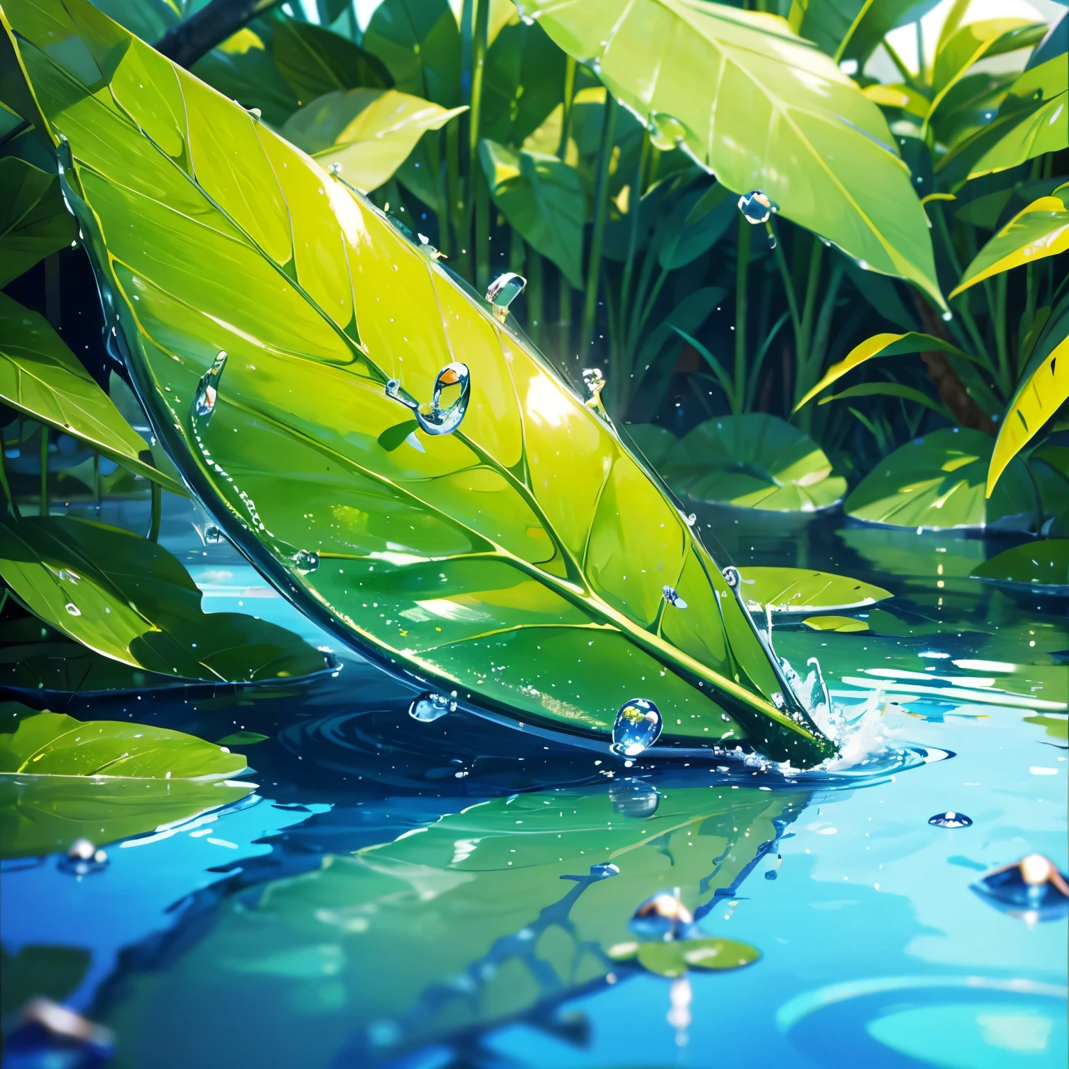 4k quality, high definition, vibrant colors, anime, lake setting, close up shot, dew drop falling off leaf into lake
