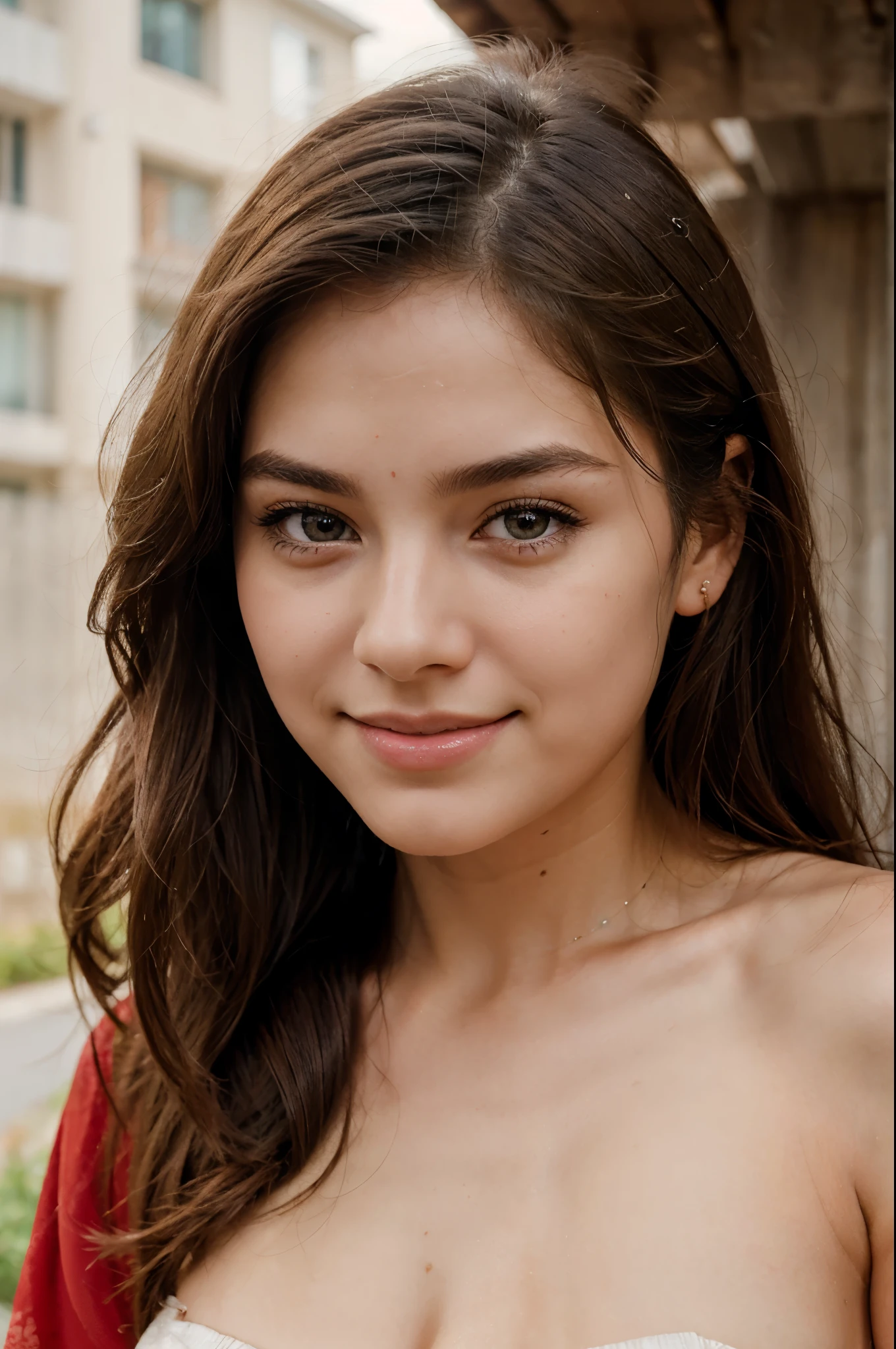 Beautiful young girl of 18 years, elegant medium hair, with ambient light from the side, thin lips with gloss, fertile, sultry expression, hazy dreamy eyes, eye lids, blushing, smile face, light makeup, warm, moist, oily complexion, close up face, attractive, realistic, real and good looking, energetic, high quality, most beautiful girl in the world, smiley face, taking pose outside, wearing red gawan with showing full body