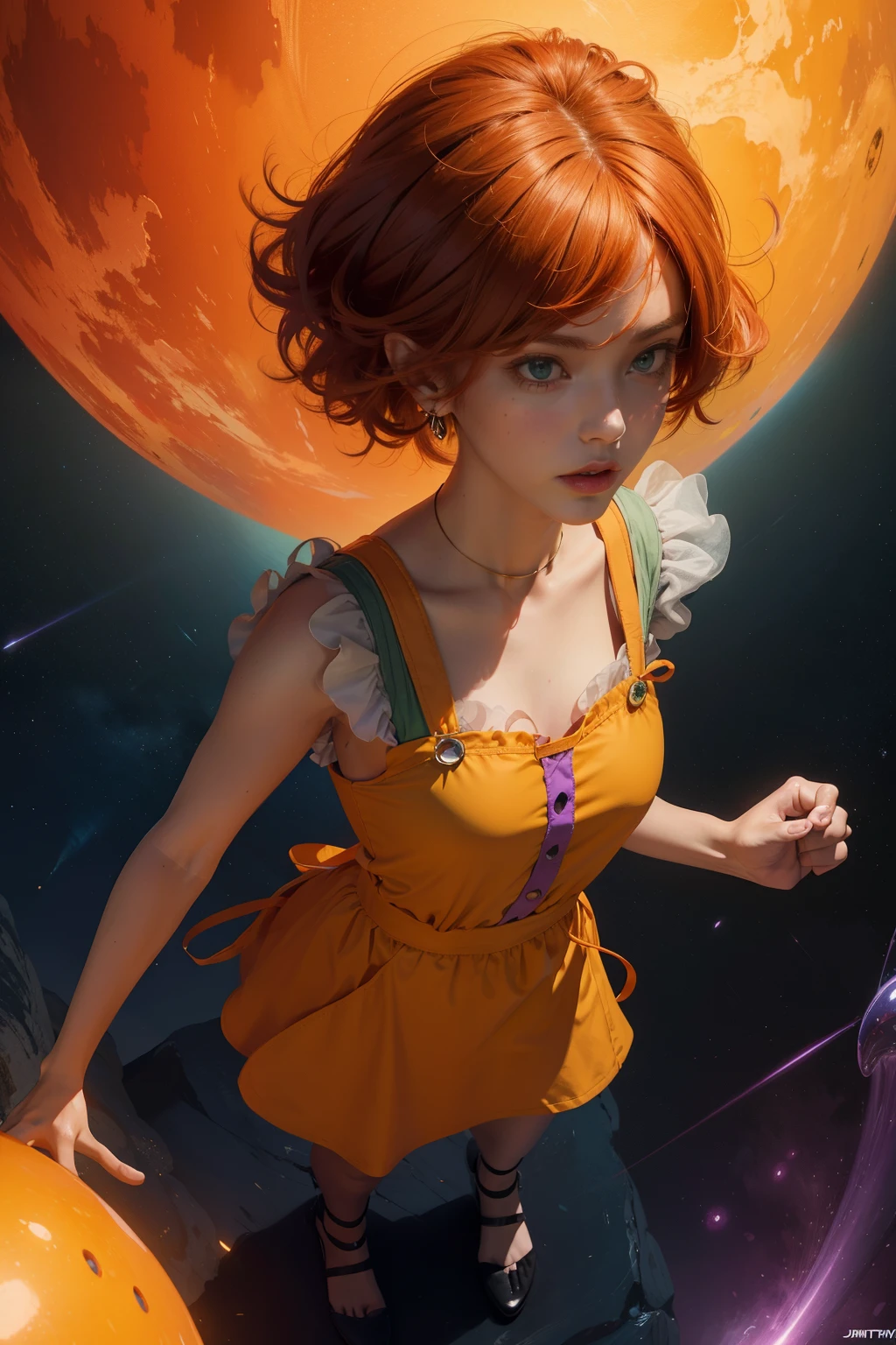 concept art, overhead angle of a Will-o'-the-wisp, wearing Funny Somali Emerald deep orange Pinafore, Caramel hair styled as Short hair, fluorescent purple Hair tie, equirectangular 360, Highres,  [(art by Willi Baumeister:1.1), (art by John T. Biggers:1.2)::17], official art, unity 8k wallpaper, ultra detailed, aesthetic, masterpiece, best quality, photorealistic