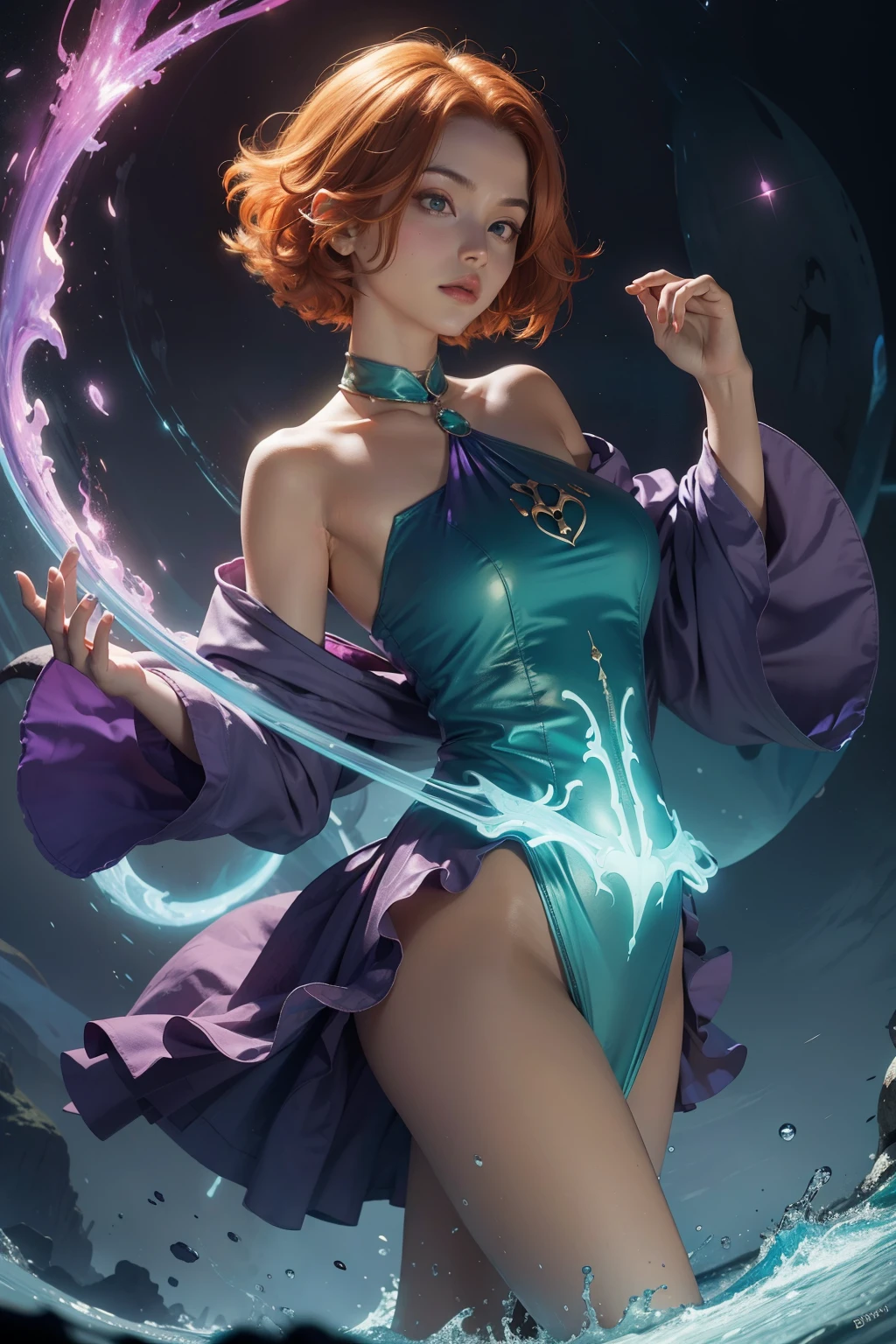 concept art, overhead angle of a Will-o'-the-wisp, wearing Funny Somali Emerald deep orange Pinafore, Caramel hair styled as Short hair, fluorescent purple Hair tie, equirectangular 360, Highres,  [(art by Willi Baumeister:1.1), (art by John T. Biggers:1.2)::17], official art, unity 8k wallpaper, ultra detailed, aesthetic, masterpiece, best quality, photorealistic