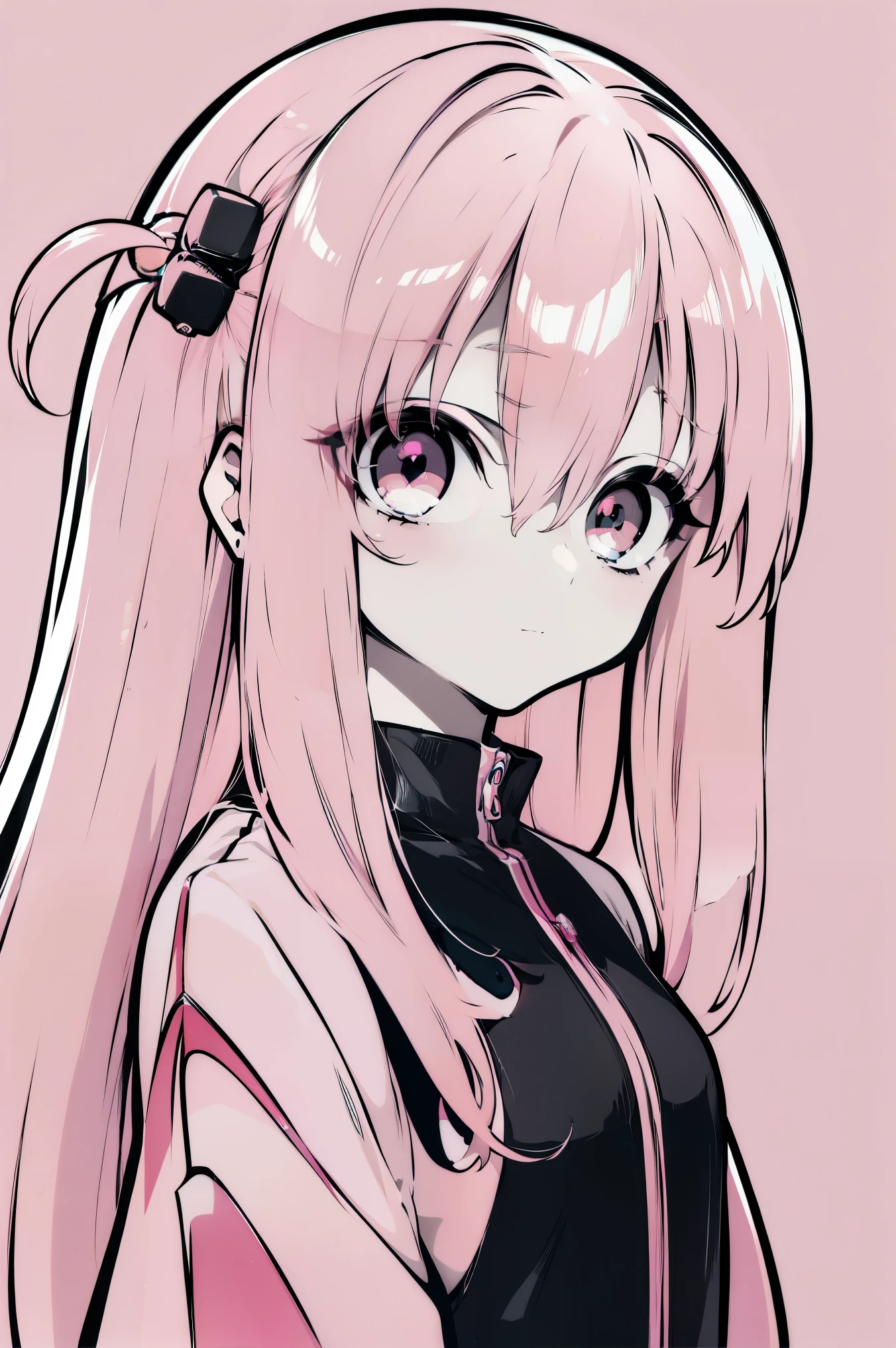 (((colored pink eyes with greyscale background))), (portrait, close-up) (masterpiece, best quality, ultra quality, by mochizuki kei, bocchi), gotoh hitori, 1girl, solo, pink eyes, bangs, white, long hair, hair between eyes, two cube hair ornament, one side up, hair ornament, ((track jacket)), black jacket, pale, pale hair, upper body, standing, looking at viewer, straight, (arms behind back), ((pink background)), simple background, ((monochrome))