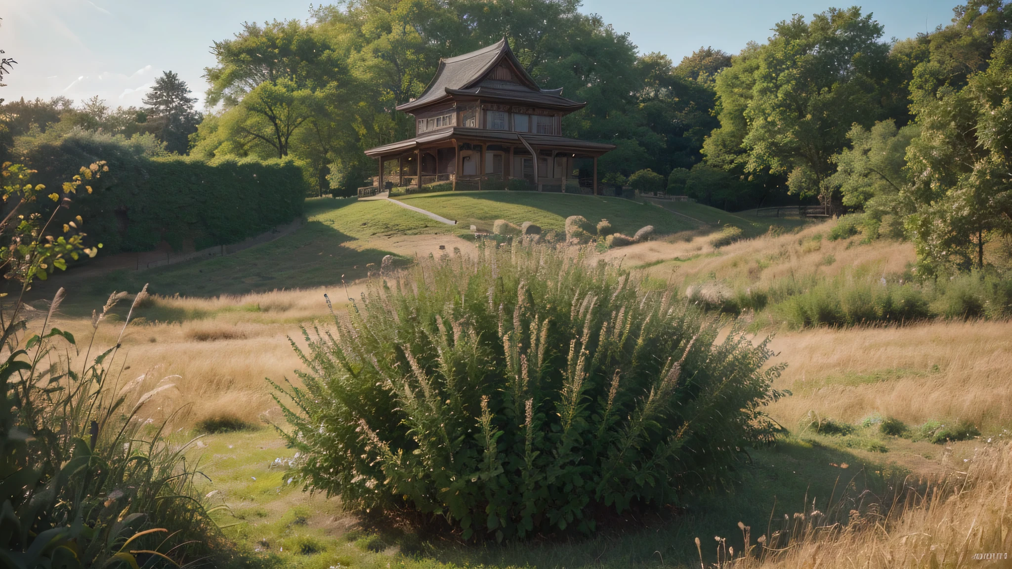 Asian faddy field perspective view,, Digital Art, Photography, Dichromatism, 5D, 32k, HD, Ultra-HD, Super-Resolution, Sunlight, Grassy, Diffraction Grading, TXAA, insanely detailed and intricate, hypermaximalist, elegant, ornate, hyper realistic, super detailed