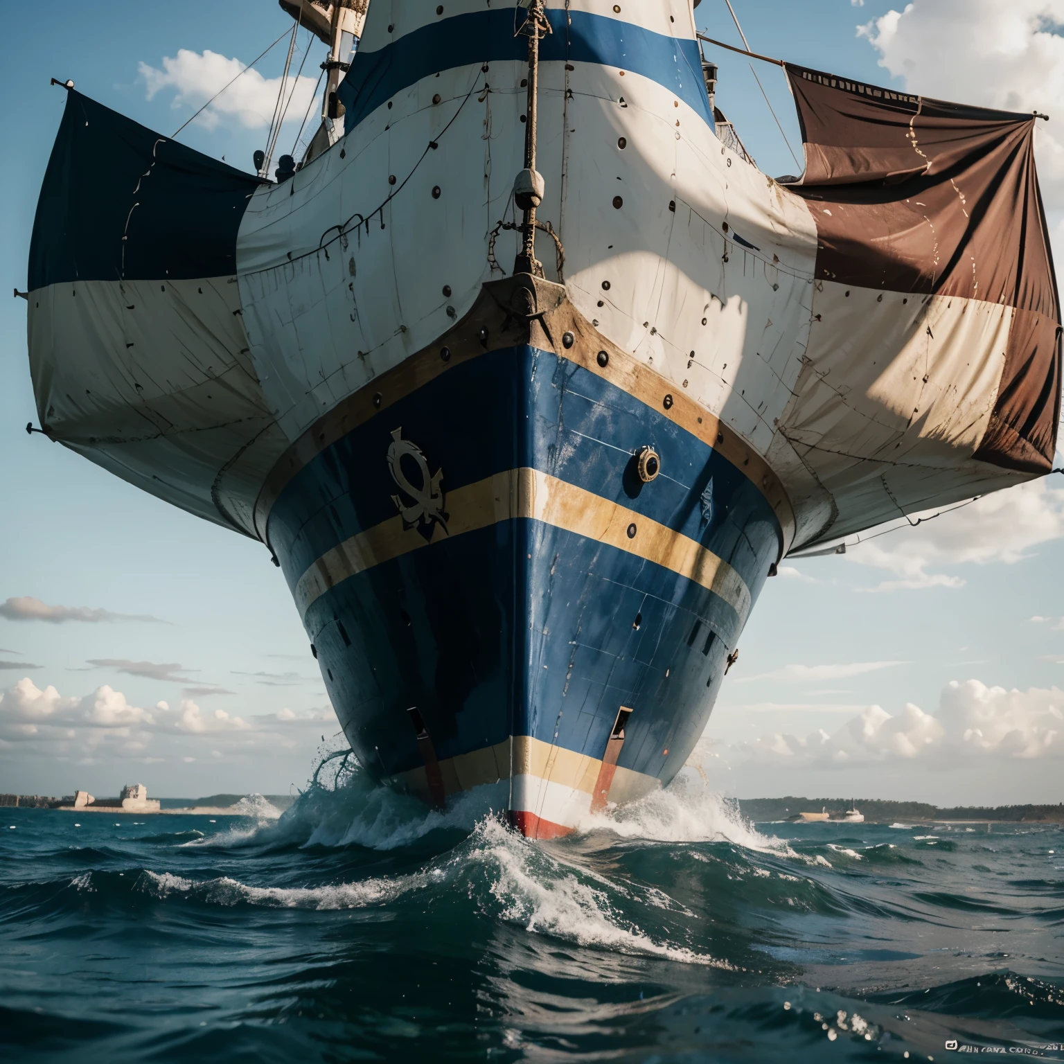 L'avant d'un bateau pirate face aux vagues de la mer,dessin victoriel ,dessin 4k ,dettails de couleurs ,pas beaucoup de couleur ,contour en nour