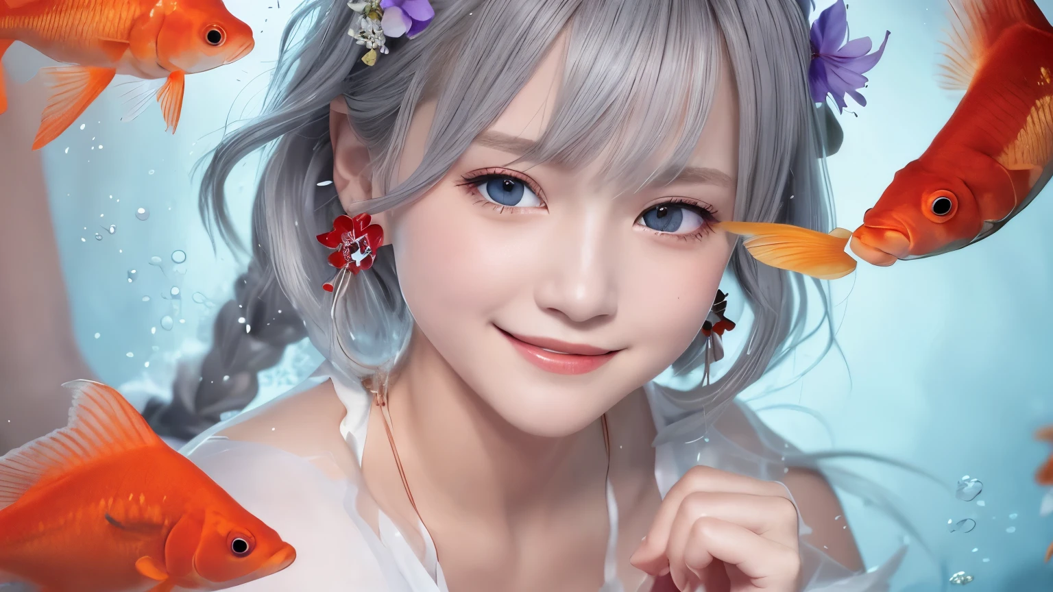 1 girl ,earrings,Goldfish ,precious stones ,sash,underwater ,Goldfish,White flower ,Akame,Behold ,get up, gray hair,clavicle,length、generally、Kamimei、looking at the viewer、white dress、Red Heavenly Woman's Robe、cleavage、close up of smiling face、beautiful eyes