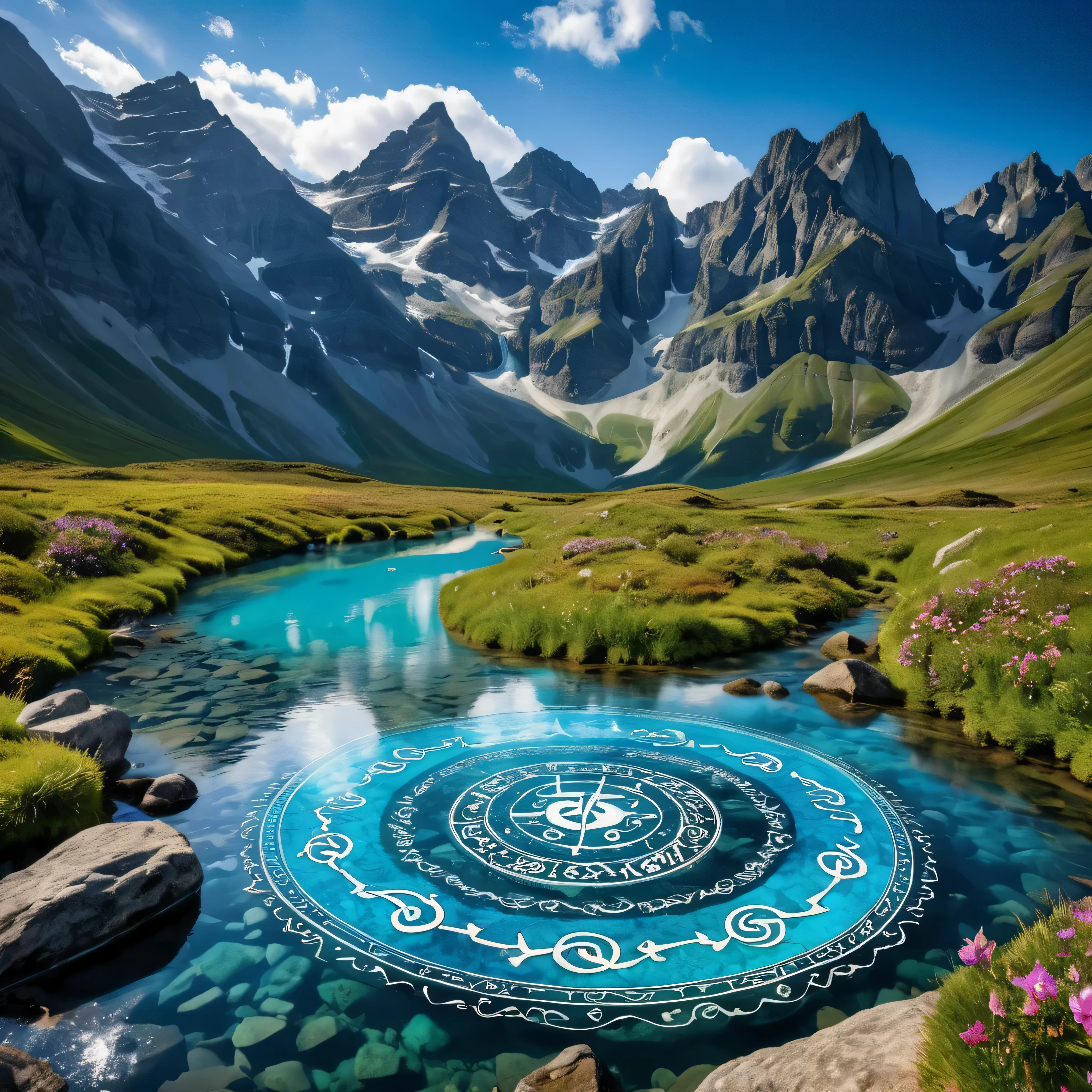 Masterpiece in maximum 16K resolution, superb quality, a stunning image featuring a ((fierce water flows) forming a magic circle with a variety of (ancient symbols and runes)), intricate details of gentle waves, in vibrant shades of blue and turquoise, fluidity and calming nature of water reflecting the surroundings, aquatic textures, serene floral meadow in the background. | ((More_Detail))
