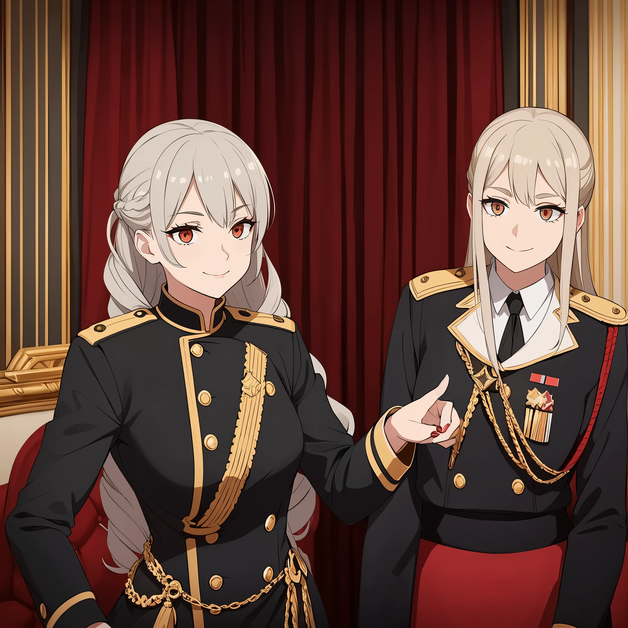 A woman wearing a black Prussian military uniform with gold details, gold eyes, red eyelashes, long gray curly hair without bangs, smiling, in a sophisticated music room.
