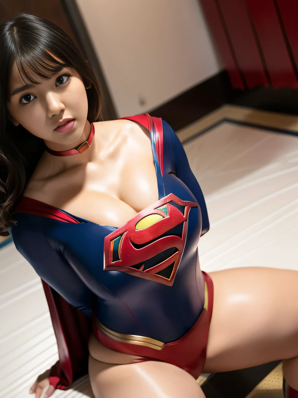 masterpiece、supergirl costume、short hair、big and full breasts、test subject、Crisis situation、sense of abuse、torture、spread your legs、Poor land、shiny、looking at camera、Seduce、choker、long sleeve、red sexy pose、humiliating、