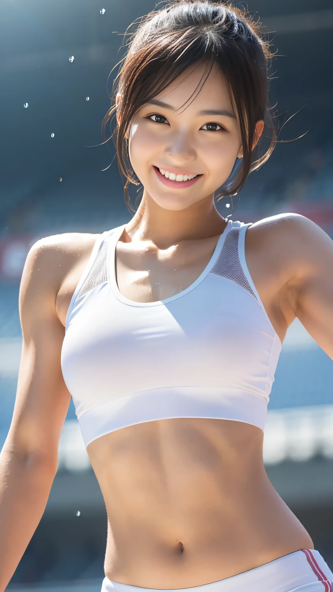 (8k, highest quality, masterpiece:1.1), (realistic, photo-realistic:1.25), super detailed, 1 girl, Japanese, athletics stadium, smile, thin, Wearing sexy sportswear, wet body, white skin, NSFW, super short hair, 

(background: stadium crowd cheers), (Sunlight shines through the stands), raindrops glistening on her skin, detailed sports bra, Expressive eyes that reflect determination and joy, Pure complexion, well-defined muscles, Capture every line and droplet in high resolution, a true masterpiece.