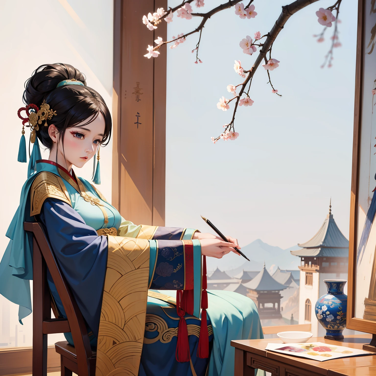 There is a woman sitting on a chair，holding a paintbrush in his hand, Big breasts，good body shape，Chinese artist, model painting, painting, palace ， A girl wearing Hanfu, , Inspired by Chen Yifei, Inspired by Tang Yin, Inspired by Ann Gu, Inspired by Qian Xuan,  come to life, ,Inspired by Huayan, Eyes are big and lively，Oval face