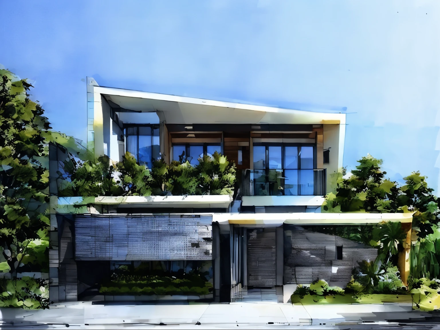 A modern villa, (planting on the balcony), ((morning)), daytime, sunnyday,(((bright blue sky)))