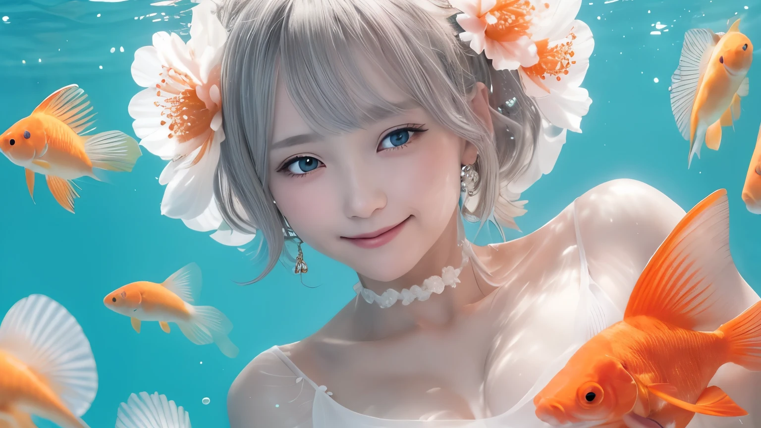 1 girl ,earrings,Goldfish ,precious stones ,sash,underwater ,Goldfish,White flower ,Akame,Behold ,get up, gray hair,clavicle,length、generally、Kamimei、looking at the viewer、white dress、Red Heavenly Woman's Robe、cleavage、close up of smiling face、beautiful eyes