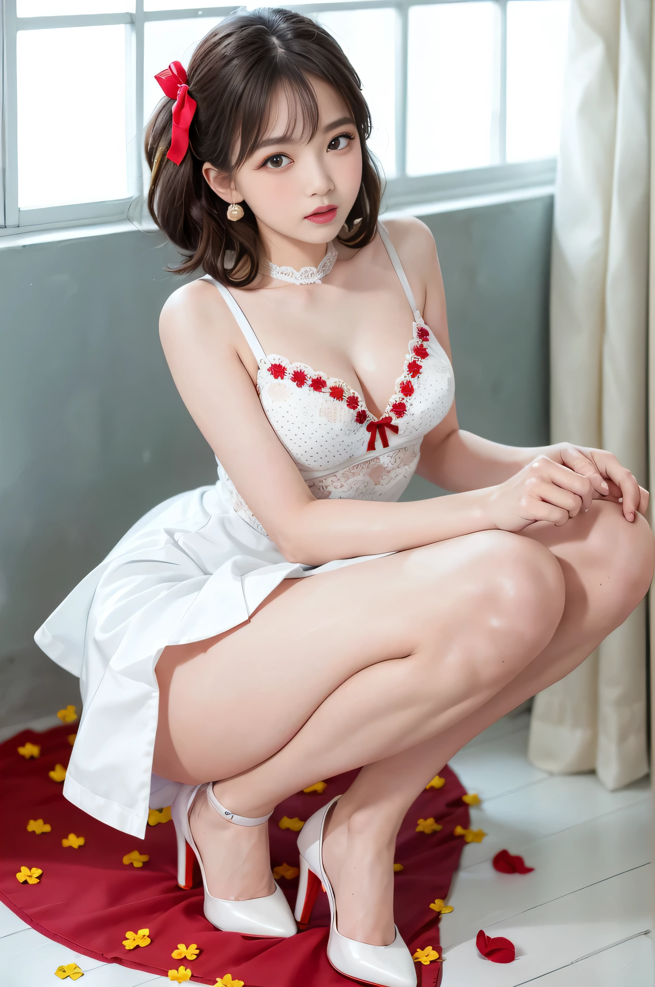 (Raw photography:1.2)、a beautiful detailed girl、bunnygirl、frombelow、Squatting、M-shaped legs open、hight resolution、high-level image quality、top-quality、ultra-detailliert、in 8K、Superfine Face、​masterpiece、realisitic、Photo Real、(((Mini skirt dress with red petals in a dot pattern style on a white mini skirt dress)))、(((White high heels)))、(((Small white lace panties or string panties with ribbon showing the camera)))、short-hair、poneyTail、Twin-tailed、(((Slim Body F Cup Bust)))、(((Small panties and small bra)))、(((raise one leg and open the leg)))、(((lift skirt myself)))、(((skirt lift by yourself)))、(((Lifted by yourself)))、Very cute young 18 year old young々Shishi Woman、(((Highly detailed panty pattern)))、Bright dark eye cheeks makeup on cheeks、White see-through panties made of lace material、natural soft light、Sunshine、Dark blush on the cheeks、red blush、cparted lips、shiny wet lips under the action of lip gloss,,、