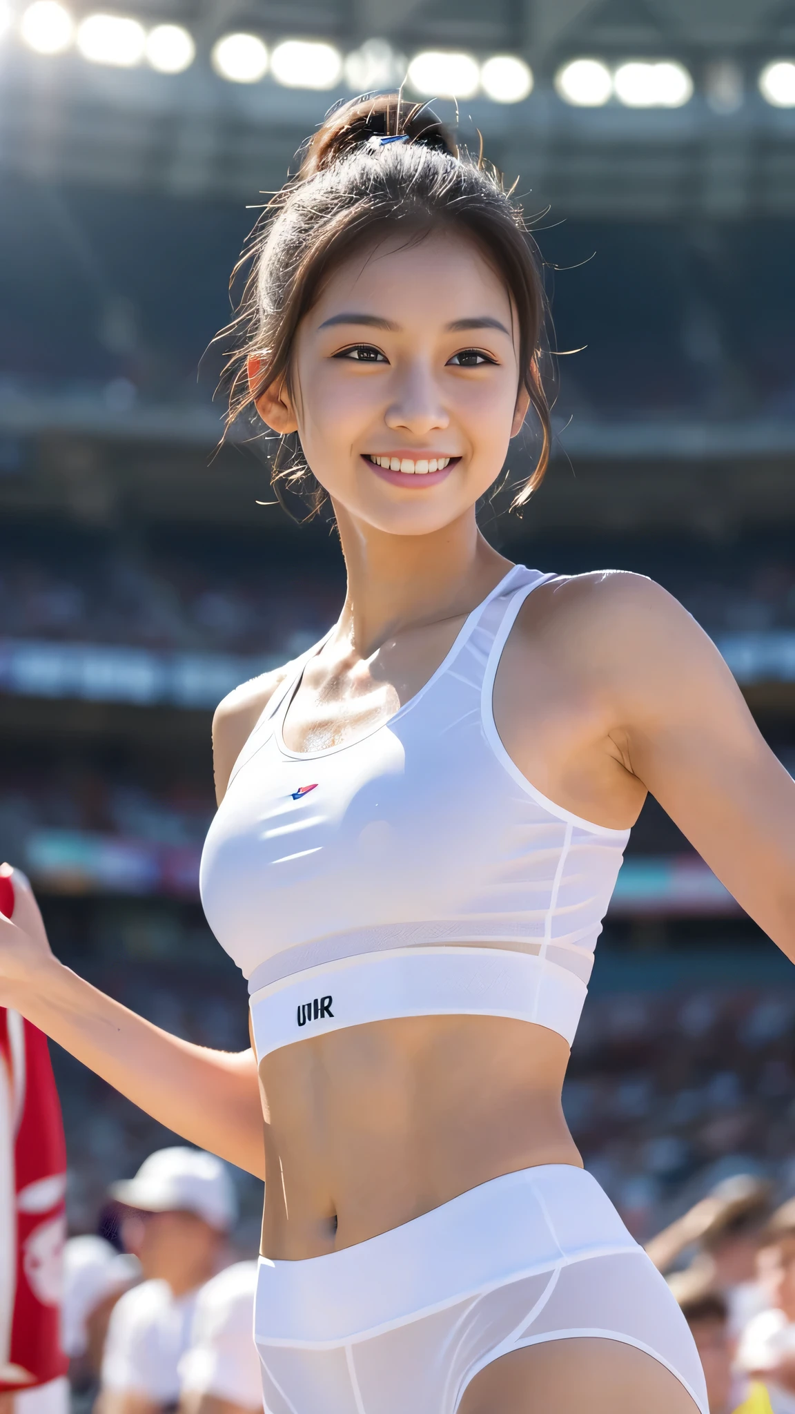 (The highest image quality:1.35), High quality, (8K:1.3), Realistic Photos, (One beautiful woman:1.33), Beautiful expression, (Eyes and faces with detailed:1.3), (Lustrous hair:1.3), (muscular body:1.2), (Woman exercising on the playing field), Smiling, (Beautiful lighting:1.3), Super Detail, high detailing, High quality, High resolution, muscular build, (Large breasts:1.3), (able to see shape of nipple:1.2), (Very short short hair-:1.33), (Beautiful woman), (Track and field athlete wearing bloomers:1.4), (Sports Bra:1.33), (You can see your armpits:1.4), (cleavage:1.2), (Cute navel:1.2), (From head to knee:1.4), (Standing Pose:1.3), (Depth of field f/1.8), (View Camera Lens:1.35), Sharp Focus, Raw photo,NSFW
