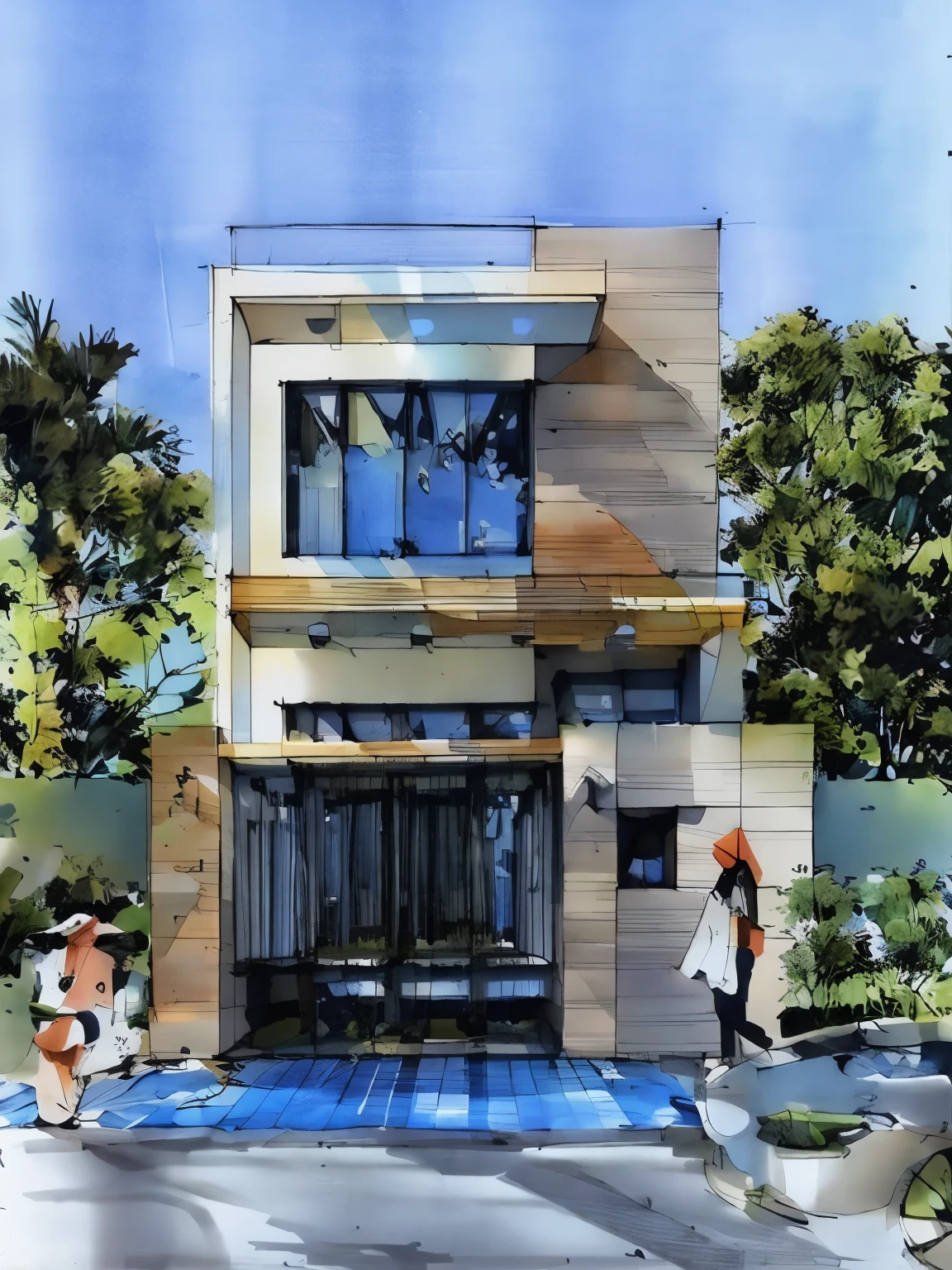 A modern villa, (planting on the balcony), ((morning)), daytime, sunnyday,(((bright blue sky)))