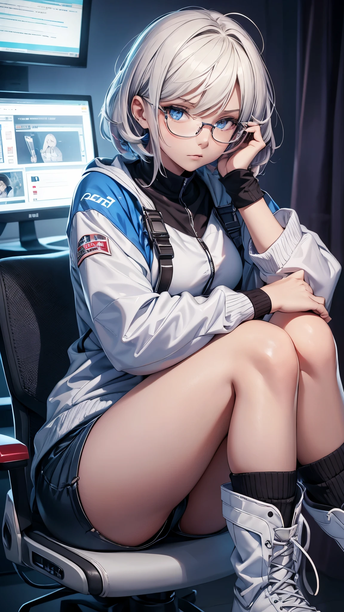 (best quality,4k,8k,highres,masterpiece:1.2),ultra-detailed,(realistic,photorealistic,photo-realistic:1.37),HDR,UHD,studio lighting,ultra-fine painting,sharp focus,physically-based rendering,extreme detail description,professional,vivid colors,bokeh, portraits
Inside the room, gaming room, gaming pc, one 18-aged girl, blonde short hair colored mixed blue hair, ((look away)),((she looks pc monitor)),playing the pc game,sitting on the chair, hugging her legs,wearing glasses,angry,she’s concentrating the game,,natural-make-up,cyberpunk fashion, hoodle, shorts, ((race-up-long-boots)),vivid colors, studio lighting, ultra-detailed portraits.