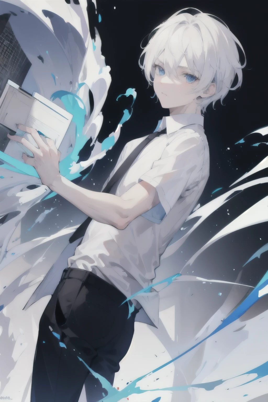 1 boy, white hair, blue eyes, wearing, plain black shirt, white pants, city, absurdities, high resolution, ultra-clear, 8K, masterpiece, looking at viewer