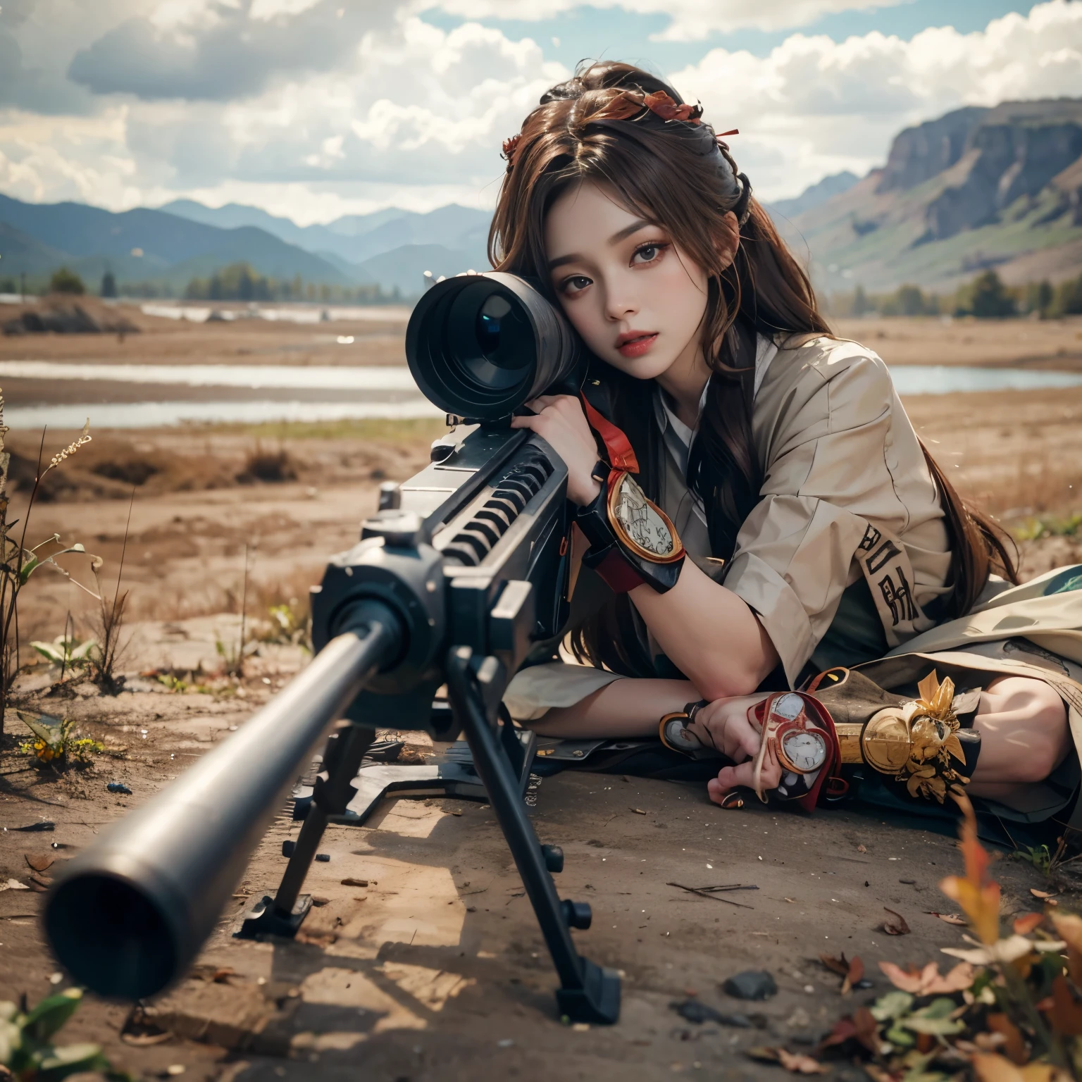 （Modify hair only、Face）Reddish-brown hair，Long curly hair，high ponytail，red headdress，red eyes，red eye，red pupils，Delicate and detailed eyes，sparkling eyes，Automatic Rifle