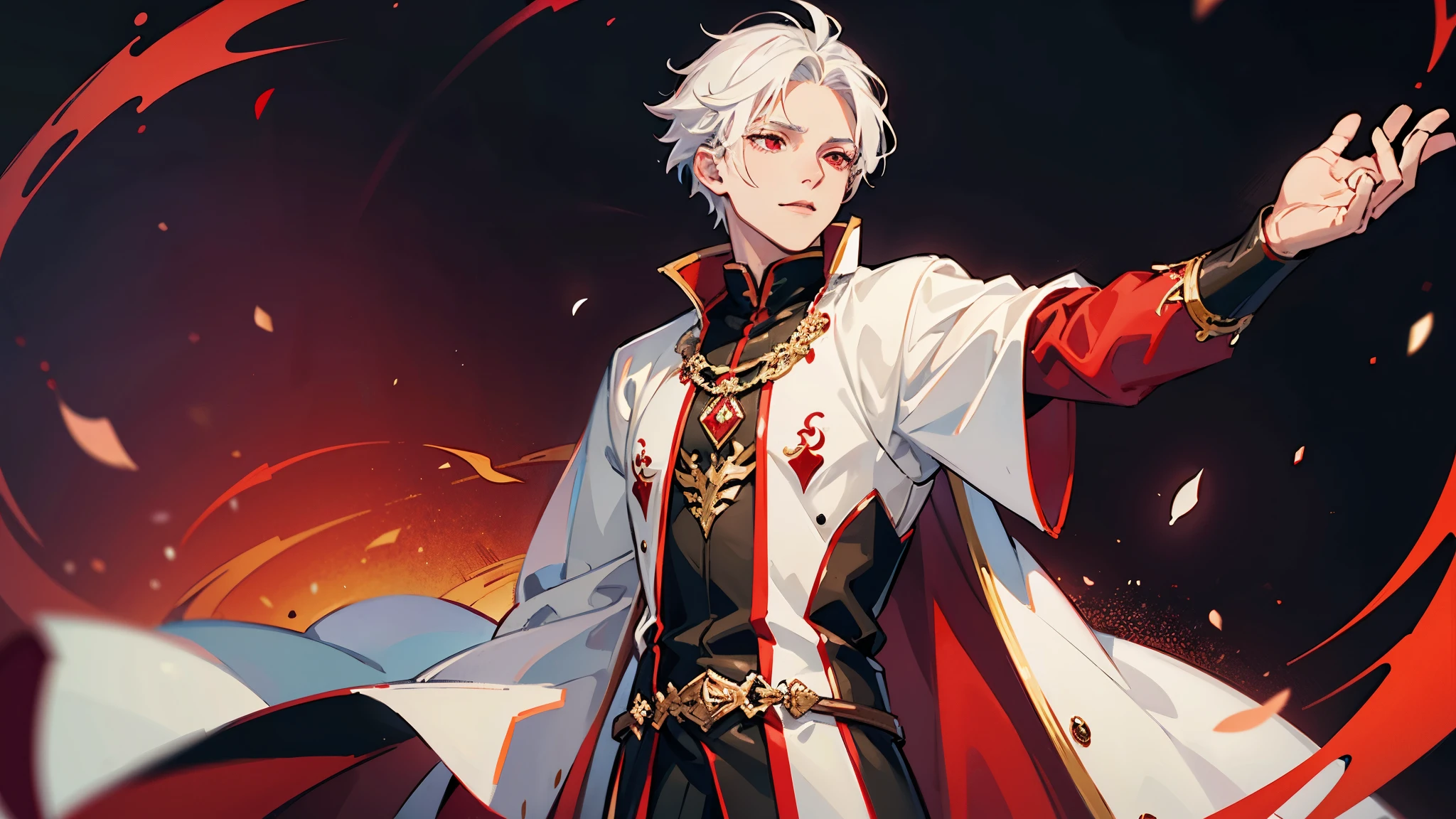 ((highest quality))man, boy, white hair, wearing a tunic, all body, highly detail, vampire, red eyes, pretty man
