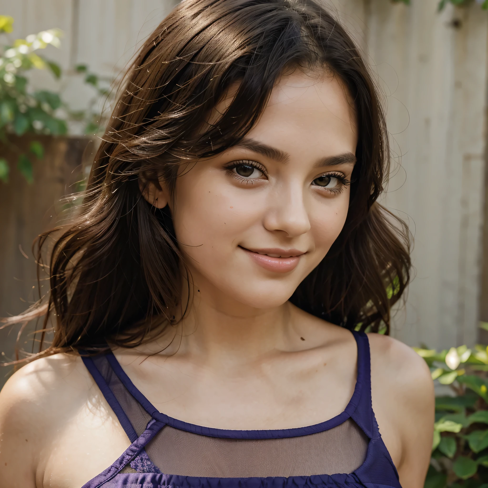 Beautiful young girl of 18 years, elegant medium hair, with ambient light from the side, thin lips with gloss, fertile, sultry expression, hazy dreamy eyes, eye lids, blushing, smile face, light makeup, warm, moist, oily complexion, close up face, attractive, realistic, real and good looking, energetic, high quality, most beautiful girl in the world, smiley face, taking pose outside, wearing purple frock with showing full body