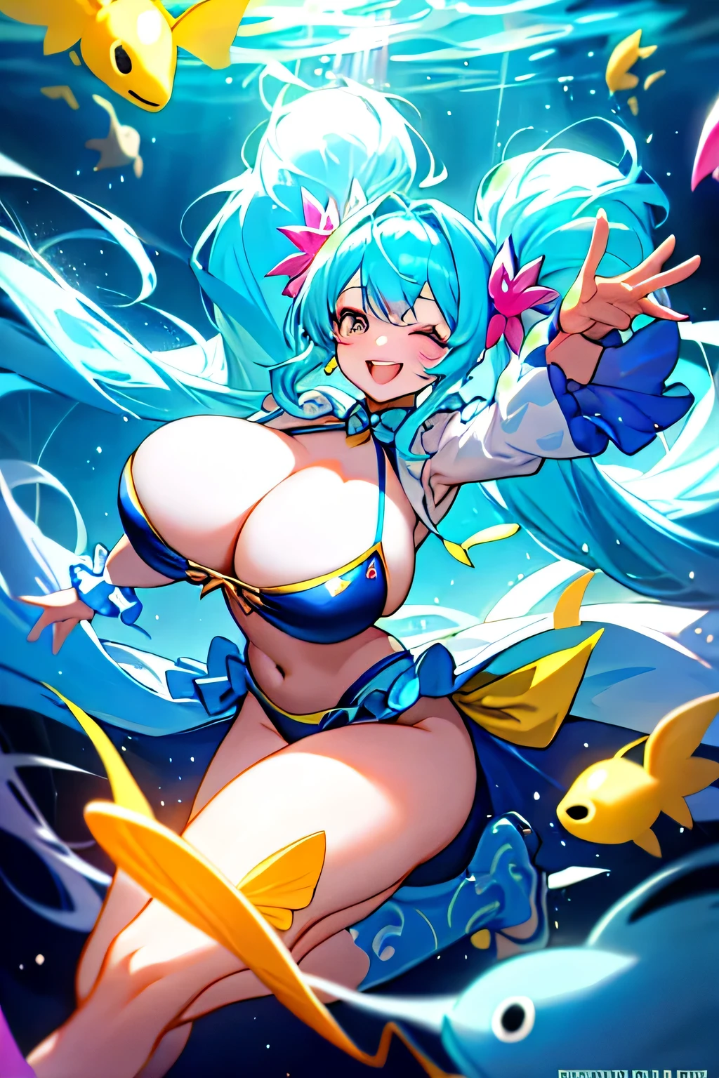 highest quality、High resolution、detailed background、Beautiful age girl、(three girls)、(huge breasts:1.4)、flashy hair color、twin tails、perfect body line、under the deep sea、Flashy bikini with flashy patterns and flashy colors、laughter、smile、emphasize the chest、emphasize cleavage、emphasize the buttocks、show one&#39;~ side、cute、dynamic pose、dancing
