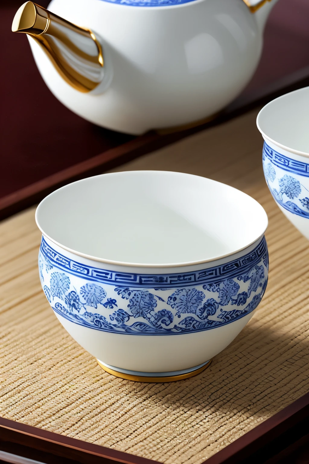 In the serene and picturesque landscape of Jiangnan, where ancient Chinese culture thrives, let us embark on a creative journey to design a set of porcelain tea wares inspired by the Hui tradition and the soothing ambiance of green tea.
Imagine with me this masterpiece of a teapot: Its form, reminiscent of traditional Jiangnan architecture, gently curves and narrows towards the spout. The high quality porcelain, with its intricately detailed design, bears the finest Hui blue and white motifs, bringing a touch of elegance and history to your tea experience.
Now, let us explore the four teacups. Each one, met