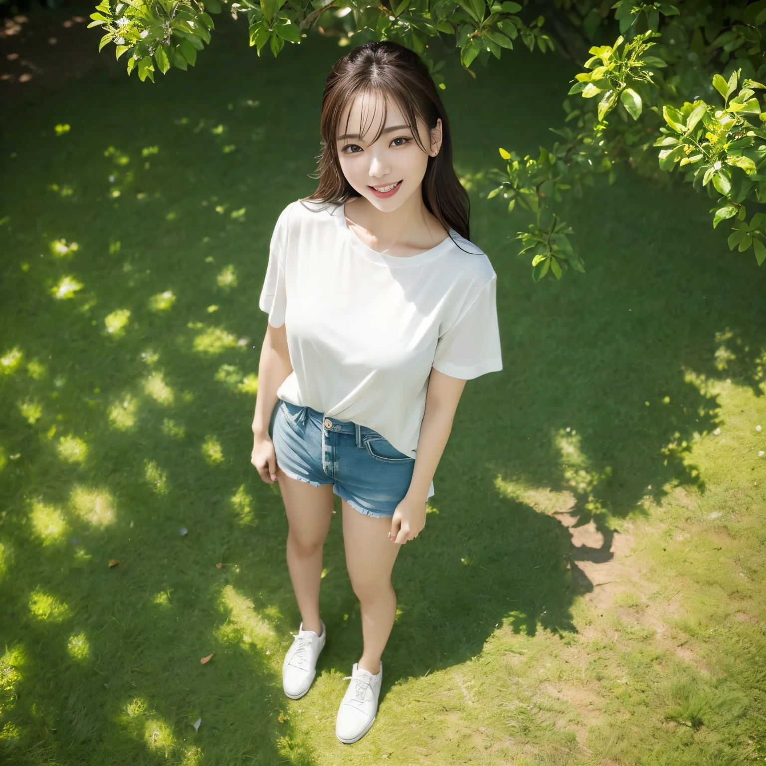 (highest quality、table top、8k、best image quality、Award-winning work)、one beautiful woman、(Perfect and classy short sleeve open chest T-shirt:1.1)、(torn shorts:1.1)、very long wavy hair、(alone:1.2)、(1 photo:1.1)、(standing gracefully in the park:1.3)、(Top full body shot of a woman standing in the park:1.3)、emphasize body line、perfect perspective、(Top view of the whole body of a standing woman:1.3)、(Depicting a woman&#39;s entire body from above using three-point perspective with sharp focus:1.5)、(perfect legs:1.1)、look at me with your best smile、Strongly blurred background、classy beautiful park background、modern beautiful park、An elegantly maintained park、(very brightly lit face:1.3)、(Beautiful skin that shines very brightly:1.2)、(very bright and vivid:1.3)、Ultra high definition beauty face、(Super high resolution perfect beautiful teeth:1.1)、ultra high definition hair、(Beautiful white skin that shines in ultra-high resolution:1.1)、Super high resolution glossy lips、(very bright and vivid:1.1)、(accurate anatomy:1.2)