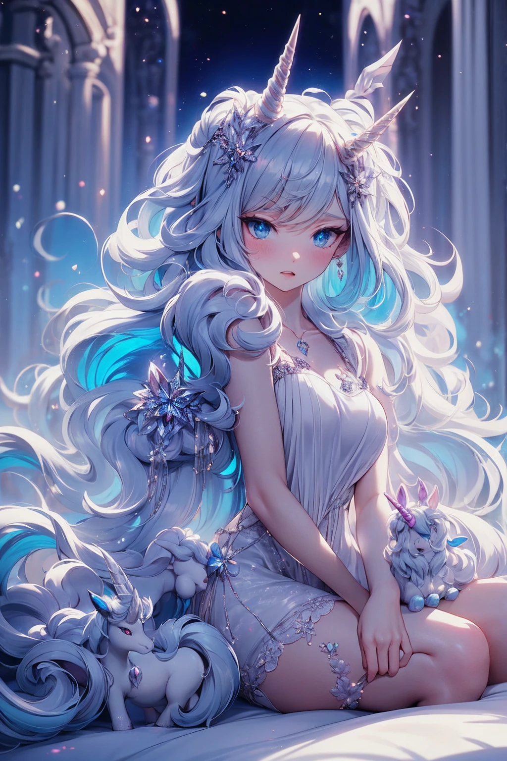 {-erro_de_anatomia:1.0} There is a white unicorn girl, blue mane and long mane, white unicorn, unicorn, unicorn horns, A unicorn, celestia, Nine stories, blue unicorn, soft dreamy, cinematic light《fangs》Unicorn in, mythological creatures, a mythical creature, Pokémon illustration, unicorns, a glaceon princess, Auroracore, ghostly iridescent, image good for rendering, white dress, laying in the bed, unicorn girl, full body.