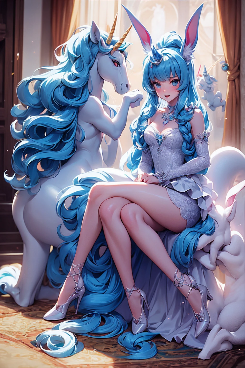 {-erro_de_anatomia:1.0} There is a white unicorn girl, blue mane and long mane, white unicorn, unicorn, unicorn horns, A unicorn, celestia, Nine stories, blue unicorn, soft dreamy, cinematic light《fangs》Unicorn in, mythological creatures, a mythical creature, Pokémon illustration, unicorns, a glaceon princess, Auroracore, ghostly iridescent, image good for rendering, white dress, laying in the bed, unicorn girl, full body.
