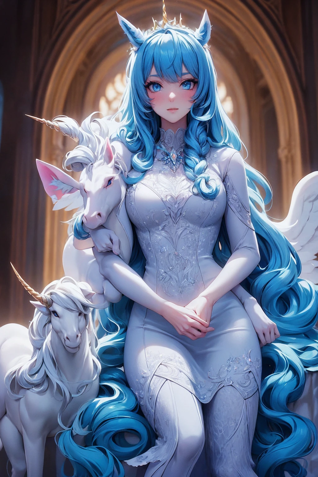 {-erro_de_anatomia:1.0} There is a white unicorn girl, blue mane and long mane, white unicorn, unicorn, unicorn horns, A unicorn, celestia, Nine stories, blue unicorn, soft dreamy, cinematic light《fangs》Unicorn in, mythological creatures, a mythical creature, Pokémon illustration, unicorns, a glaceon princess, Auroracore, ghostly iridescent, image good for rendering, white dress, laying in the bed, unicorn girl, full body.