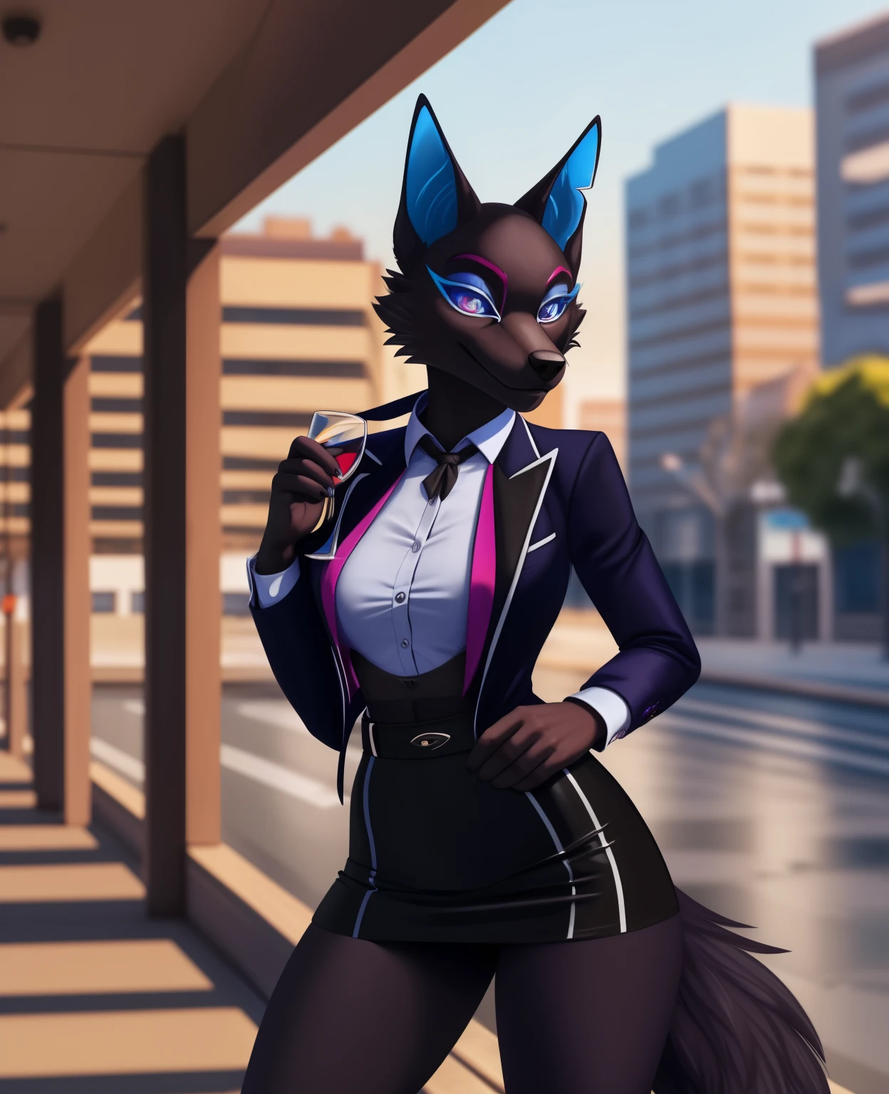 female, (Detailed face), (solo:1.1), highwire, furry female anthro, wolf girl, bikini, solo, (body fur:1.2), (Detailed face), (more details, detailed background:1.1), (tail:1.1), smile, holding a glass in hand, satin skirt suit, pinstripe suit and tie, (((three-piece suit))), ((suit jacket with waistcoat)), silk dress shirt, shirt and tie, striped necktie, (((blazer))), (((suit jacket))), (((open jacket))), ((waistcoat)), (((bodycon miniskirt))), tights, (((pocket square))), (((tie clip))), (((cufflinks))), (((tail))), makeup, eyeshadow, shiny eyeshadow, bedroom eyes