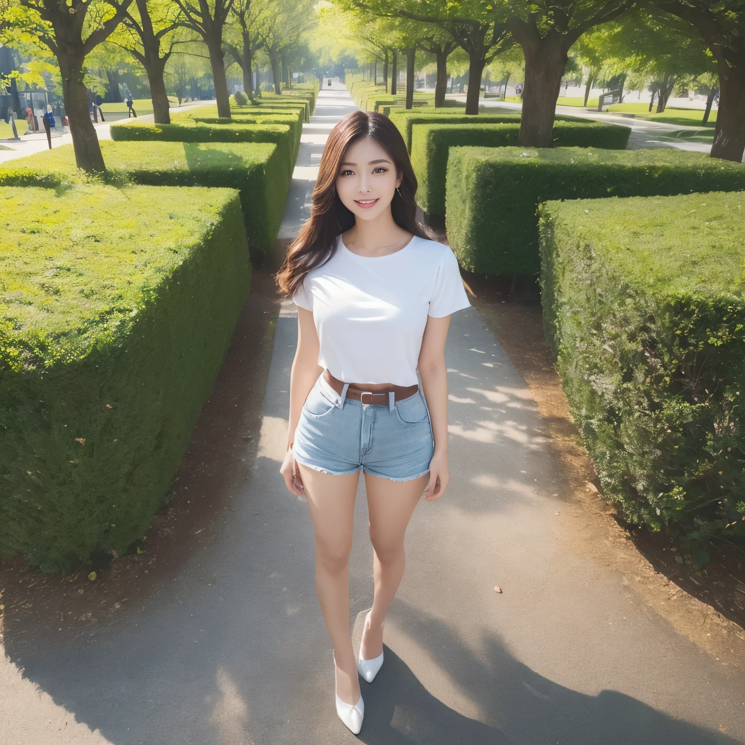 (highest quality、table top、8k、best image quality、Award-winning work)、one beautiful woman、(Perfect and classy short sleeve open chest T-shirt:1.1)、(torn shorts:1.1)、very long wavy hair、(alone:1.2)、(1 photo:1.1)、(standing gracefully in the park:1.3)、(Top full body shot of a woman standing elegantly in a park:1.5)、emphasize body line、(Top view of the whole body of an elegantly standing woman:1.5)、(Depicting a woman's entire body from above using three-point perspective with sharp focus:1.5)、(perfect legs:1.1)、look at me with your best smile、Strongly blurred background、classy beautiful park background、modern beautiful park、An elegantly maintained park、(very brightly lit face:1.3)、(Beautiful skin that shines very brightly:1.2)、(very bright and vivid:1.3)、Ultra high definition beauty face、(Super high resolution perfect beautiful teeth:1.1)、ultra high definition hair、(Beautiful white skin that shines in ultra-high resolution:1.1)、Super high resolution glossy lips、(very bright and vivid:1.1)、(accurate anatomy:1.2)