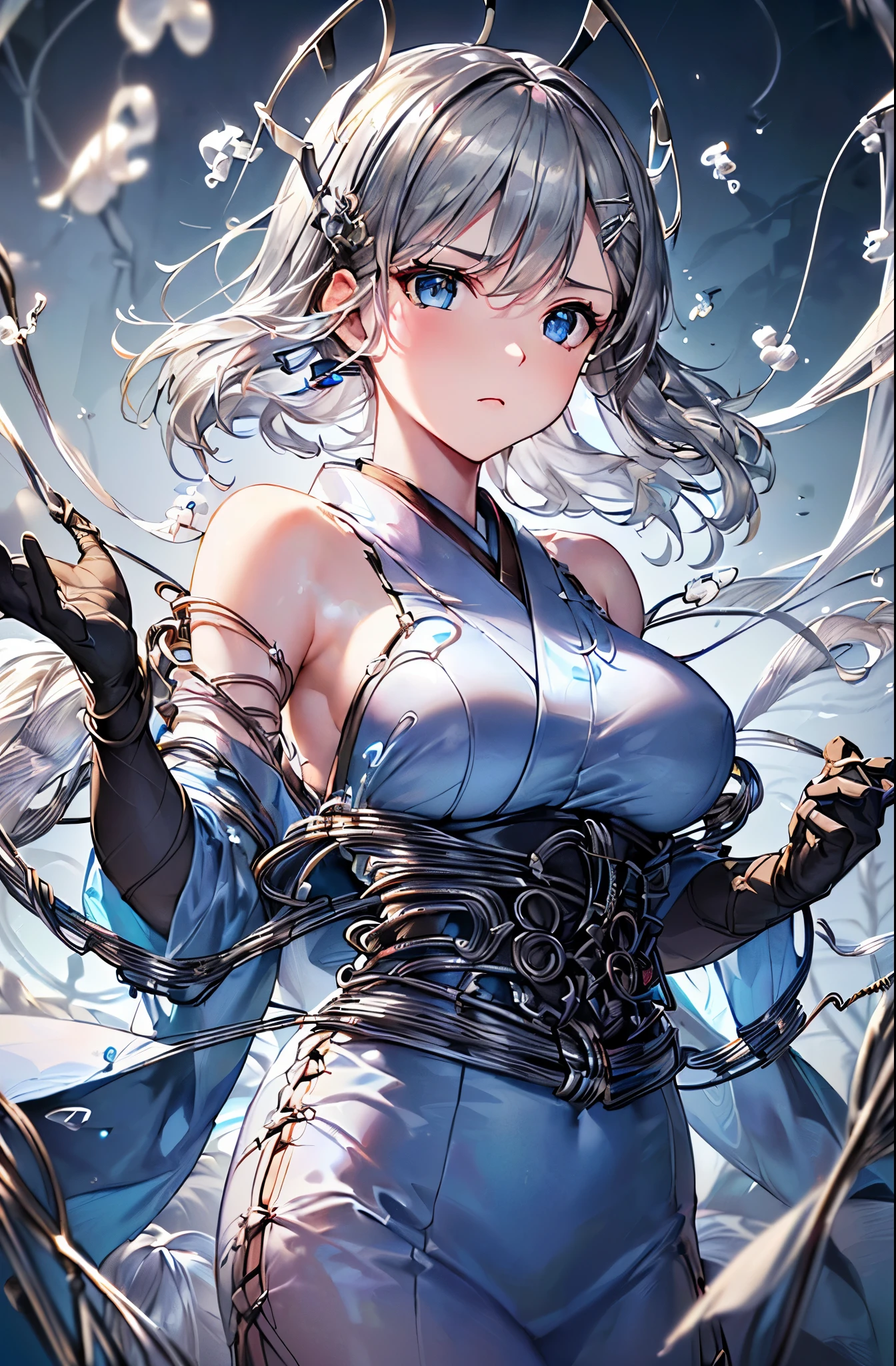 (Wire mesh: 1.8, wire mesh wall behind: 1.8), (Super beautiful CG, high resolution, highest quality, 8K), (Medium breasts, serious face), (Masterpiece: 1.8), ((Super quality )), ((Super-detailed illustration)), ((Stunning CG)), 1 girl, solo, medium hair, (silver hair: 1.8), (blue eyes: 1.6), (front-on, looking at the viewer. (to the kneeedium breasts, Japanese clothes, kimono, patterned kimono, (blue kimono), metallic clothes: 1.5, exposed shoulders: 1.5, separated sleeves, headgear: 1.8, hairpin, (black hairpin: 1.5 ), Gloves, (White gloves), (Hands extended forward: 1.5), (Silver threads floating: 1.8),