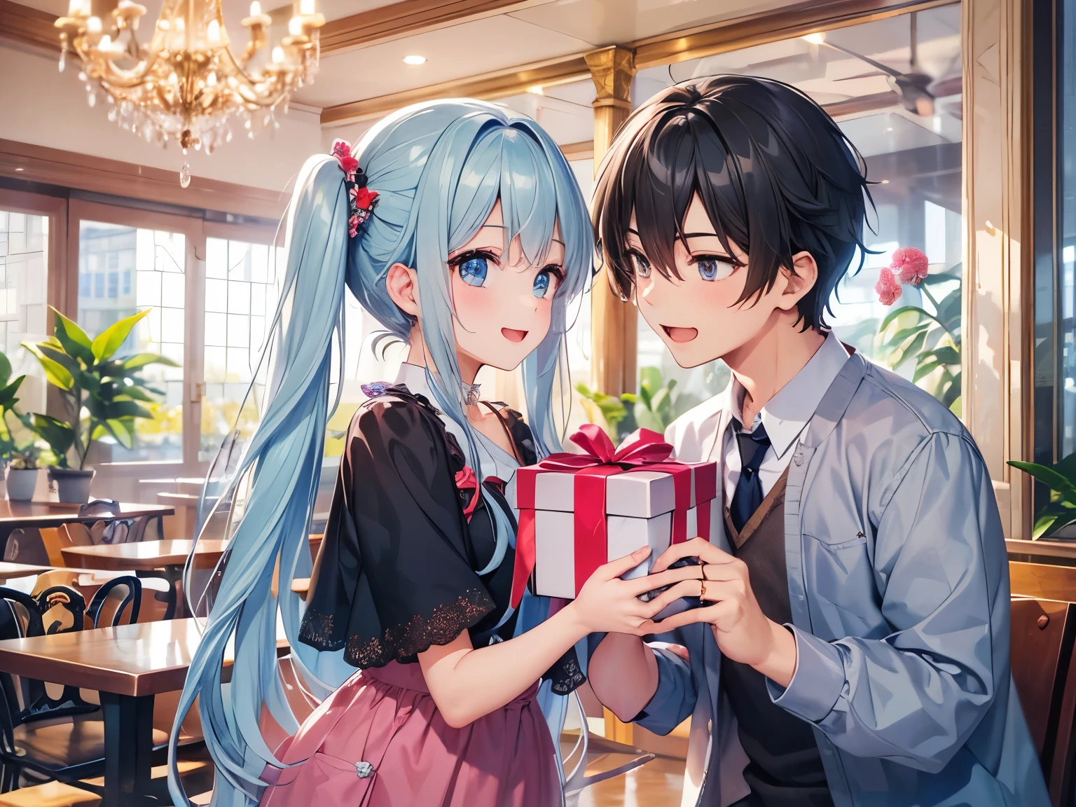 light blue long hair、Beautiful girl with twin tails、With a boy、The girl&#39;s wonderful boyfriend is also with her.、happy smile、Celebrating my boyfriend&#39;s birthday at a cafe decorated with lots of orchid flowers、giving him a present、