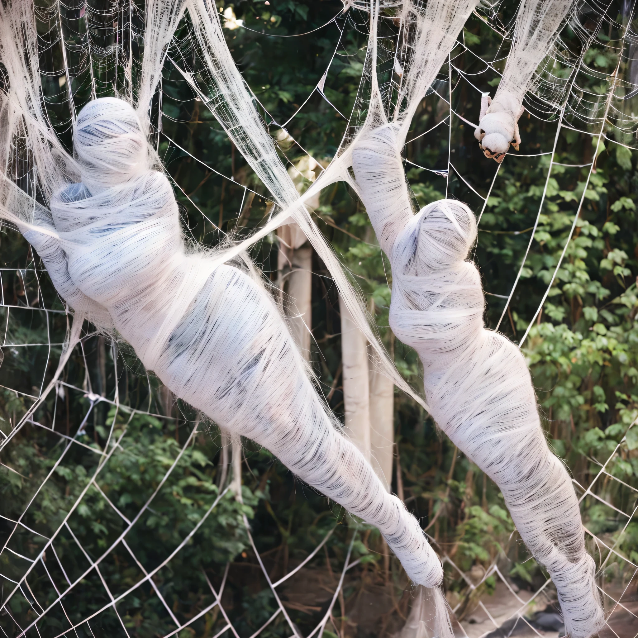 a girl entangled in the spider web, struggle, detailed classroom, (cocoon:1.3), spider web, hanging, spider in the web, spider