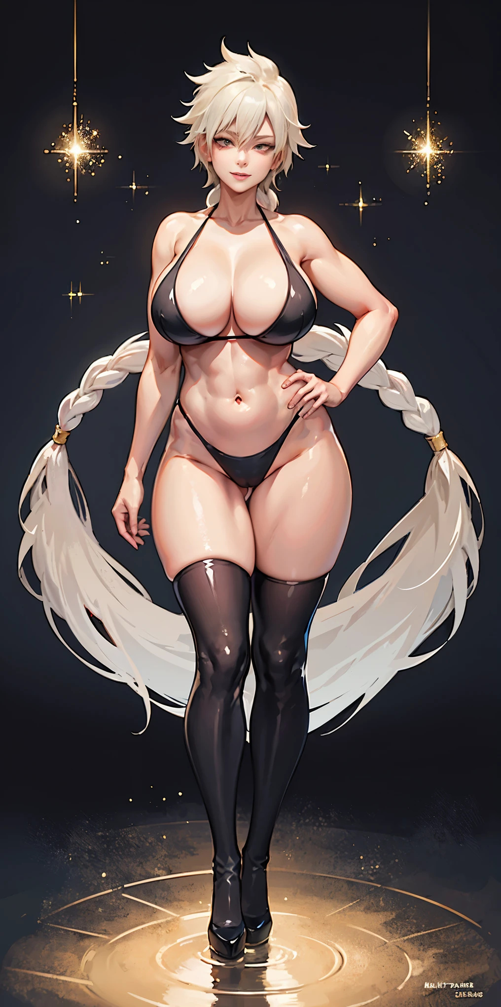 1girl full body standing, nice ass, Hairstyle with a braid, white colored hair, Yellow eyes, perfect lighting, muscular, thights, Mature woman, mummy, bellybutton, Abs, looks at the viewer (tmasterpiece, hiquality: 1.1) ssmile, Extremely huge breasts, Maternal, porcelain skin, extra very long hair, sparkly skin, good face, chest cover