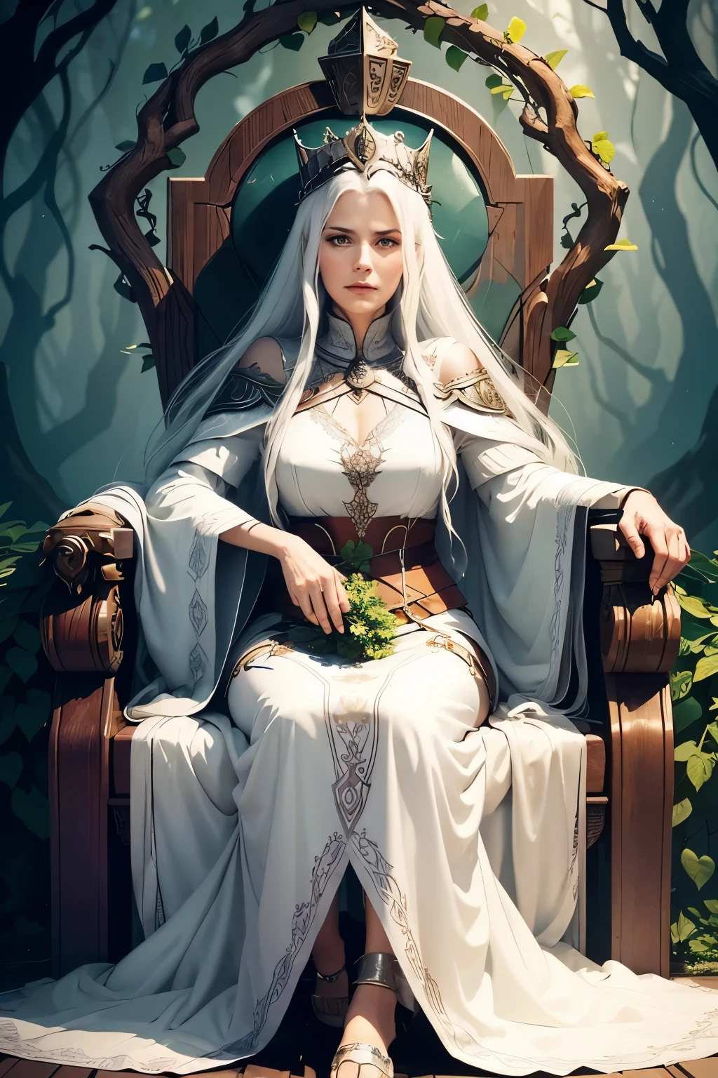 slightly old queen. white ans detailed clothes. regal queen