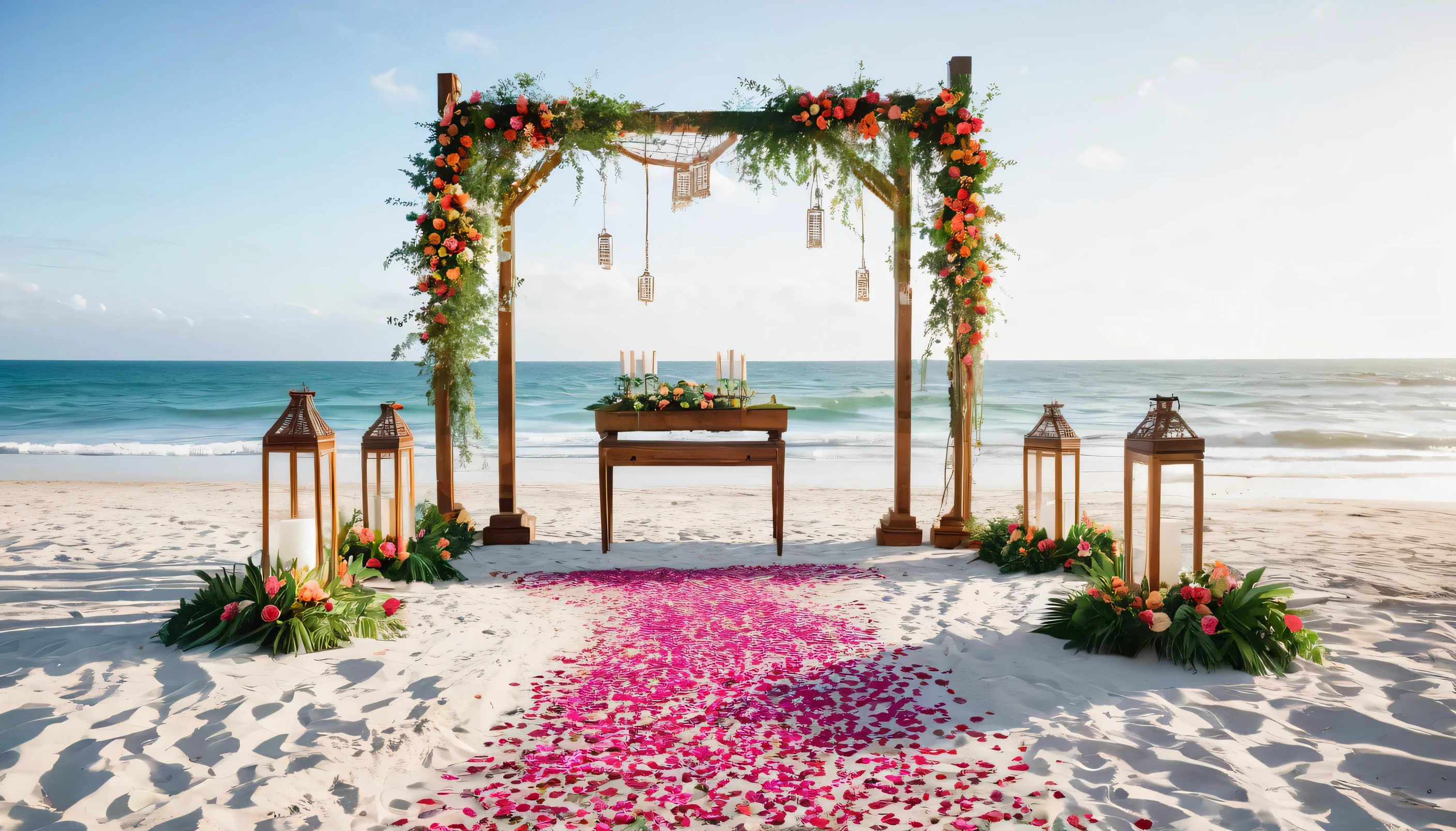 Create a vibrant and enchanting image on a beach at dawn, featuring a bohemian-inspired setup with a geometric wooden frame adorned with hanging macramé and lush greenery, flanked by two majestic white horses. The scene is set for a wedding, with no people present, showcasing instead a collection of colorful lanterns, a vintage typewriter with a love poem, and a delicate sand aisle sprinkled with rose petals leading towards the shimmering ocean, capturing the essence of a romantic, secluded engagement.