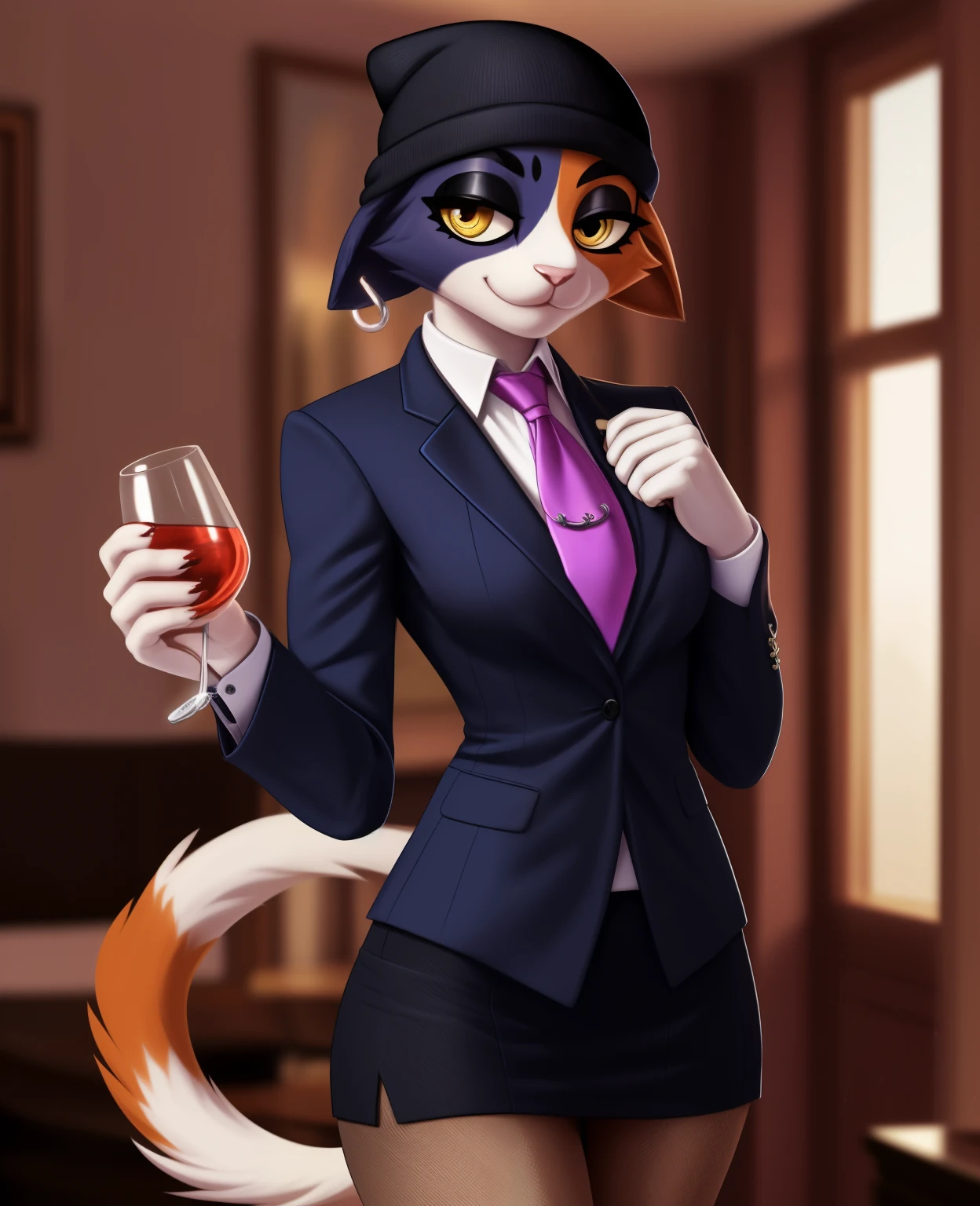 female, (Detailed face), (solo:1.1), meowskulls, beanie,, fish Hook piercing, furry female anthro, calico cat, solo, (body fur:1.2), (Detailed face), (more details, detailed background:1.1), (tail:1.1), smile, holding a glass in hand, satin skirt suit, pinstripe suit and tie, (((three-piece suit))), ((suit jacket with waistcoat)), silk dress shirt, shirt and tie, striped yellow necktie, (((blazer))), (((suit jacket))), (((open jacket))), ((waistcoat)), (((bodycon miniskirt))), tights, (((pocket square))), (((tie clip))), (((cufflinks))), (((tail))), makeup, eyeshadow, shiny eyeshadow, bedroom eyes