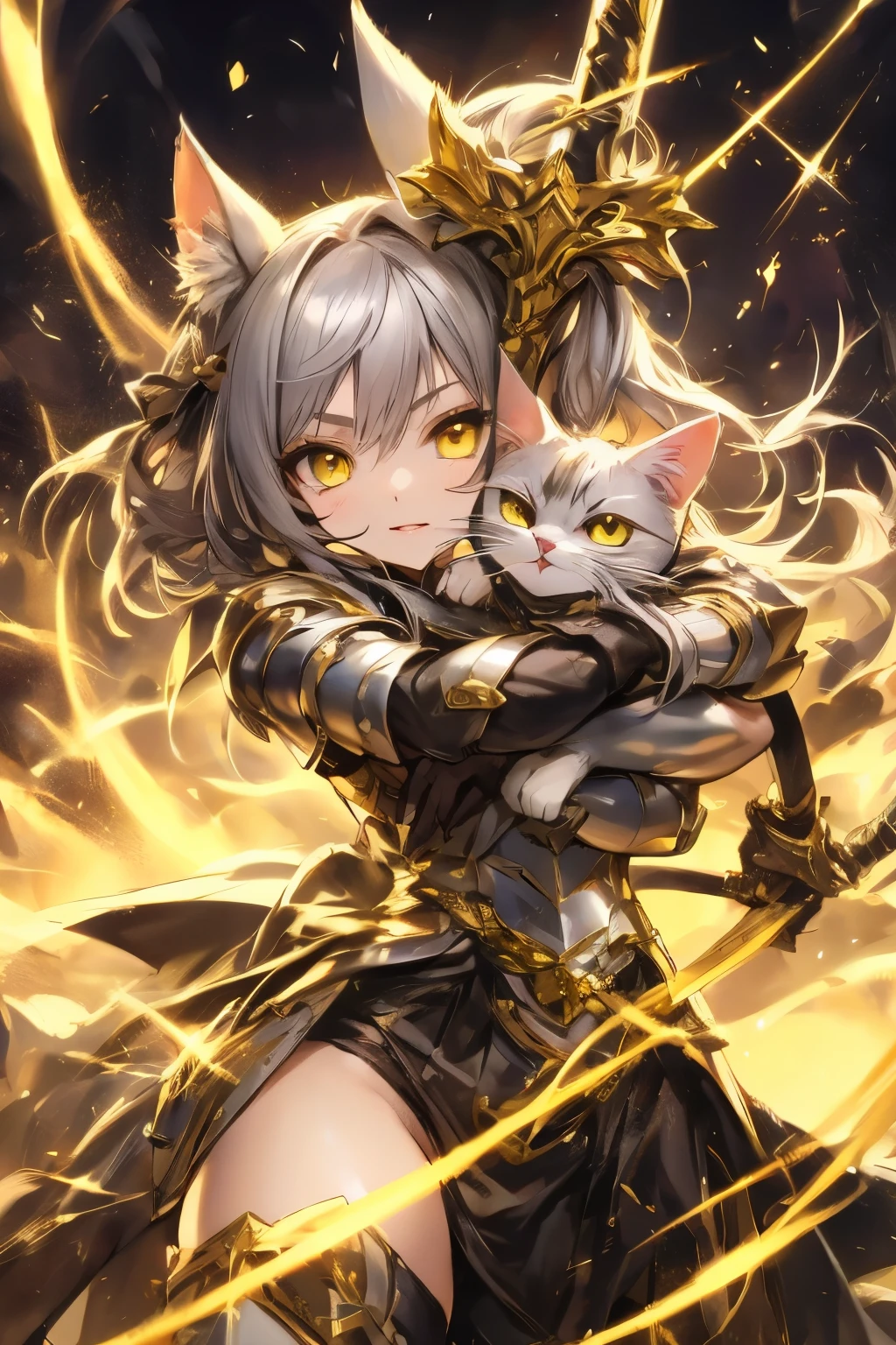 anime girl with cat and sword in front of a building, O Cavaleiro da Armadura do Gato Dourado, garota de armadura, linda Catgirl Anime, gato branco, garota gato atraente, anime fantasy illustration, muito linda garota Anime Cat, arte digital detalhada de anime, arte chave detalhada do anime, arte de fantasia de anime, trends on artstation pixiv, arte detalhada de anime, arte detalhada de animework
