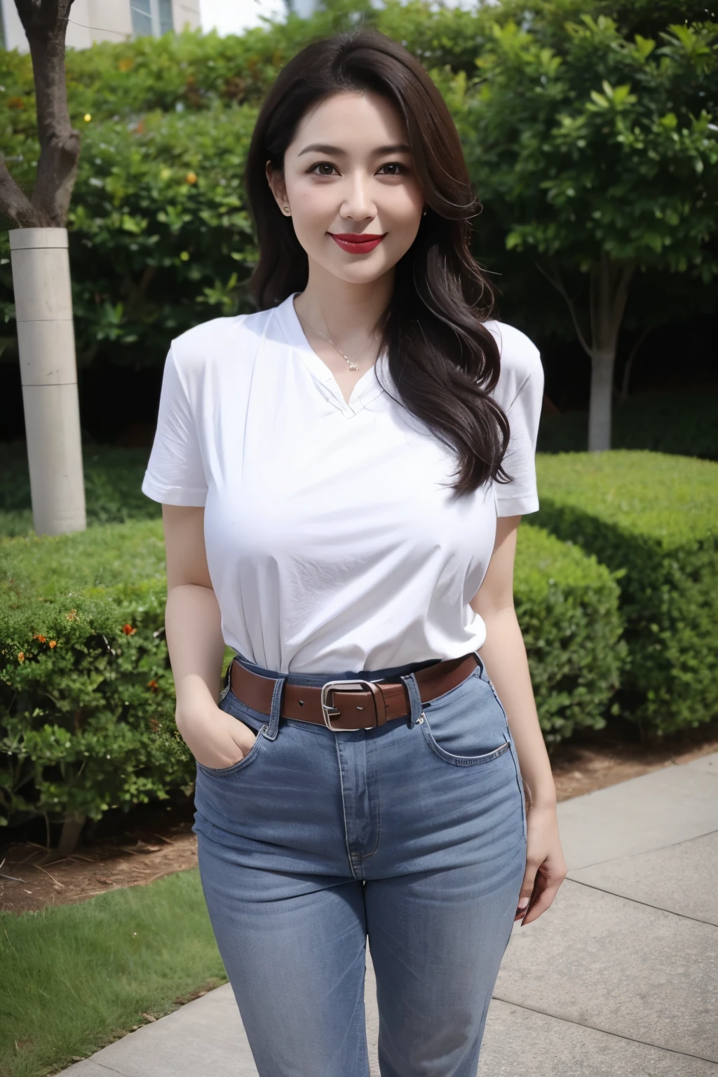 :Draw lips correctly, red lipstick, from chest up, best quality, Super detailed, lifelike, Super fine skin, perfect anatomy, (1 日本Mature的女人), (alone),Wear a gray shirt,short sleeves,blue jeans,black belt,wavy long hair,37-year-old female,Mature,charming smile,outdoor background,stand,Leg length,Chubby,Big breasts,stand up,full-body shot