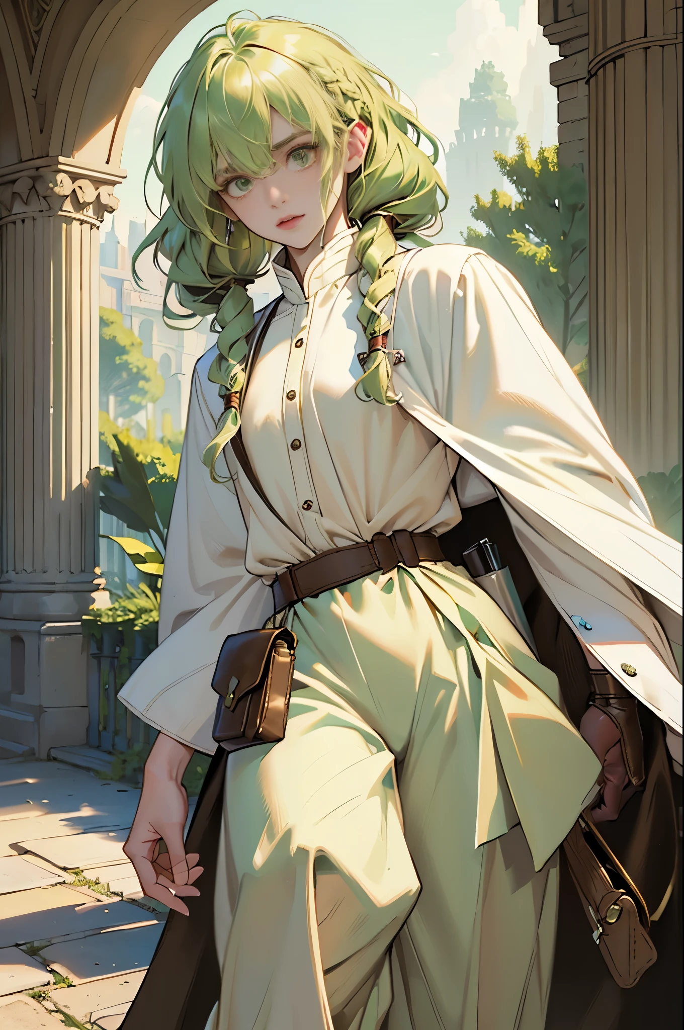 masterpiece, super detailed, 8K portrait, RAW photo, portrait photography, highly detailed face, beautiful and detailed eyes, ((fantasy)), young and beautiful, , (((droopy eyes))), dynamic pose, (((short wavy light green hair))), ((Braided twintails)), parted bangs, white skin color, luxury, (((White tunic))), ((((Brown wide pants)))), (((brown cloak))), (((little waist hip pouch))), High Cut Leather Bootagic book in hand)), midday sun, surreal, slender body, flat chest, long legs, on the medieval road, environmental lighting, shadow details , focus the camera on the face, strong wind, light fog