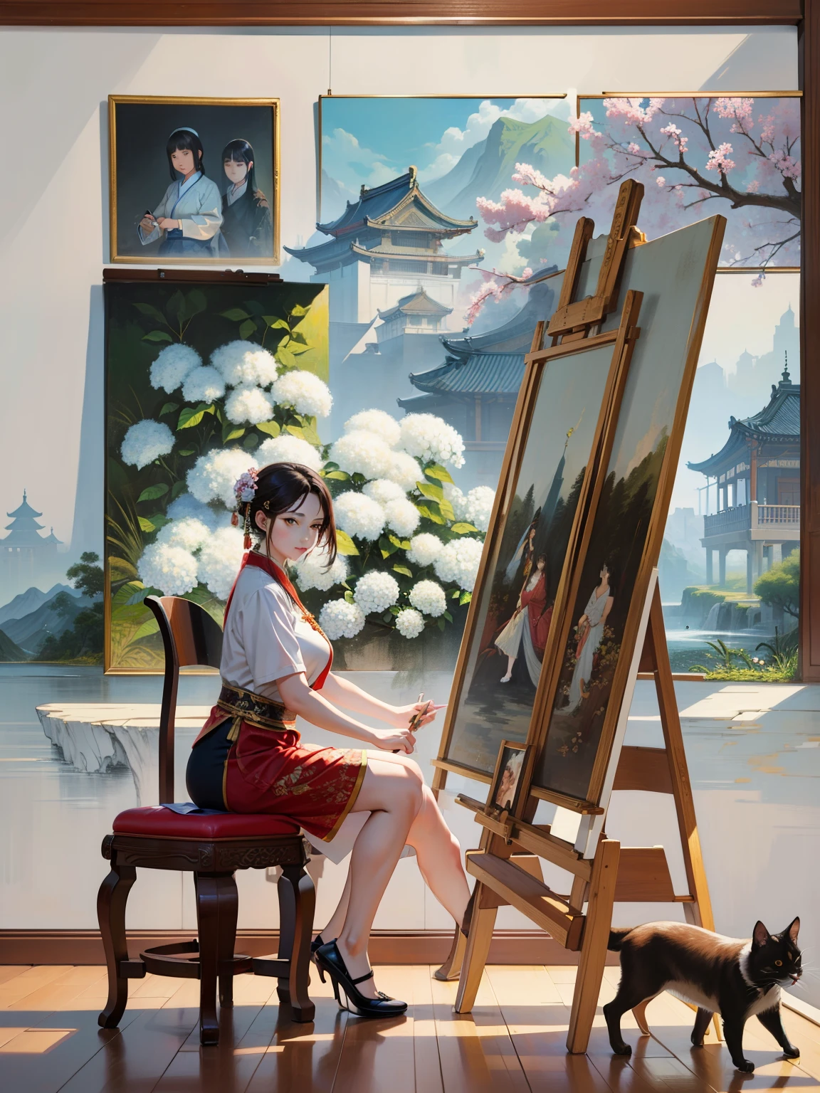 Background with white Chinese wood hydrangea，big breasts，there is a woman sitting in a chair with a cat looking at a painting, korean artist, stands at her easel, chinese artist, art brought to life, an epic painting of an artist, as a painting, painting come to life, solo portrait 🎨🖌️, painting, painting, inspired by Zhang Xuan, best painter in the world, oleo painting