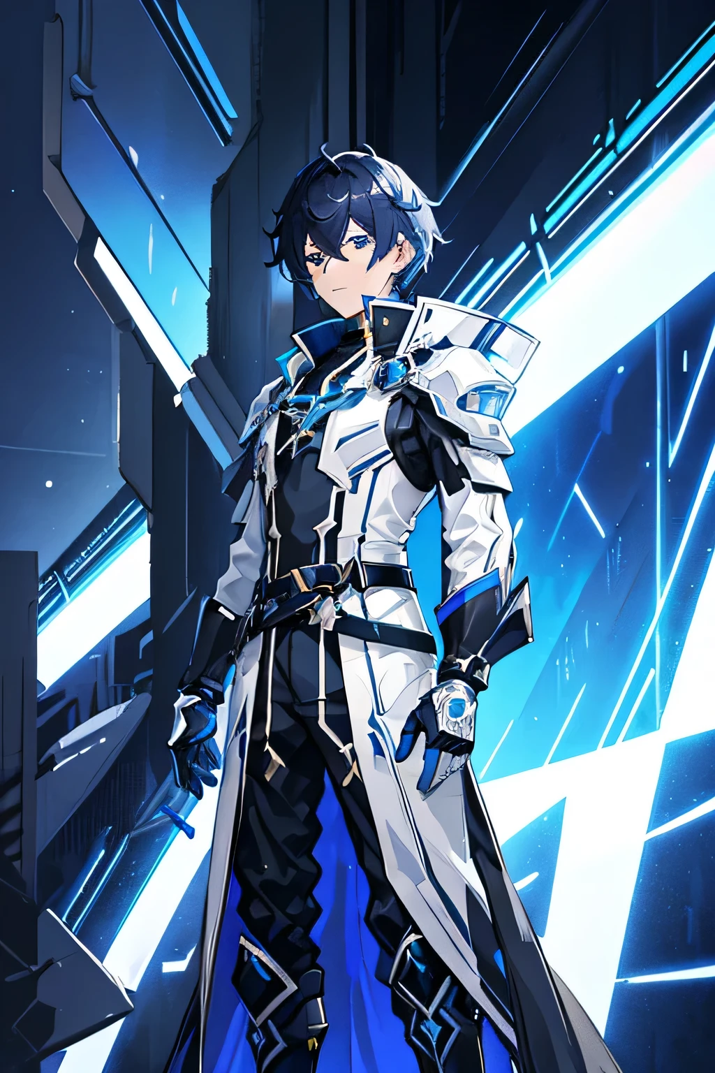 Digital painting of a new character for Honkai Star Rail game, a young man exuding integrity in his military uniform with blue, black, and silver color scheme, intricate accessories and futuristic elements, dynamic pose conveying strength and leadership qualities, sci-fi inspired background setting, digital art style with attention to detail and lighting effects, full body