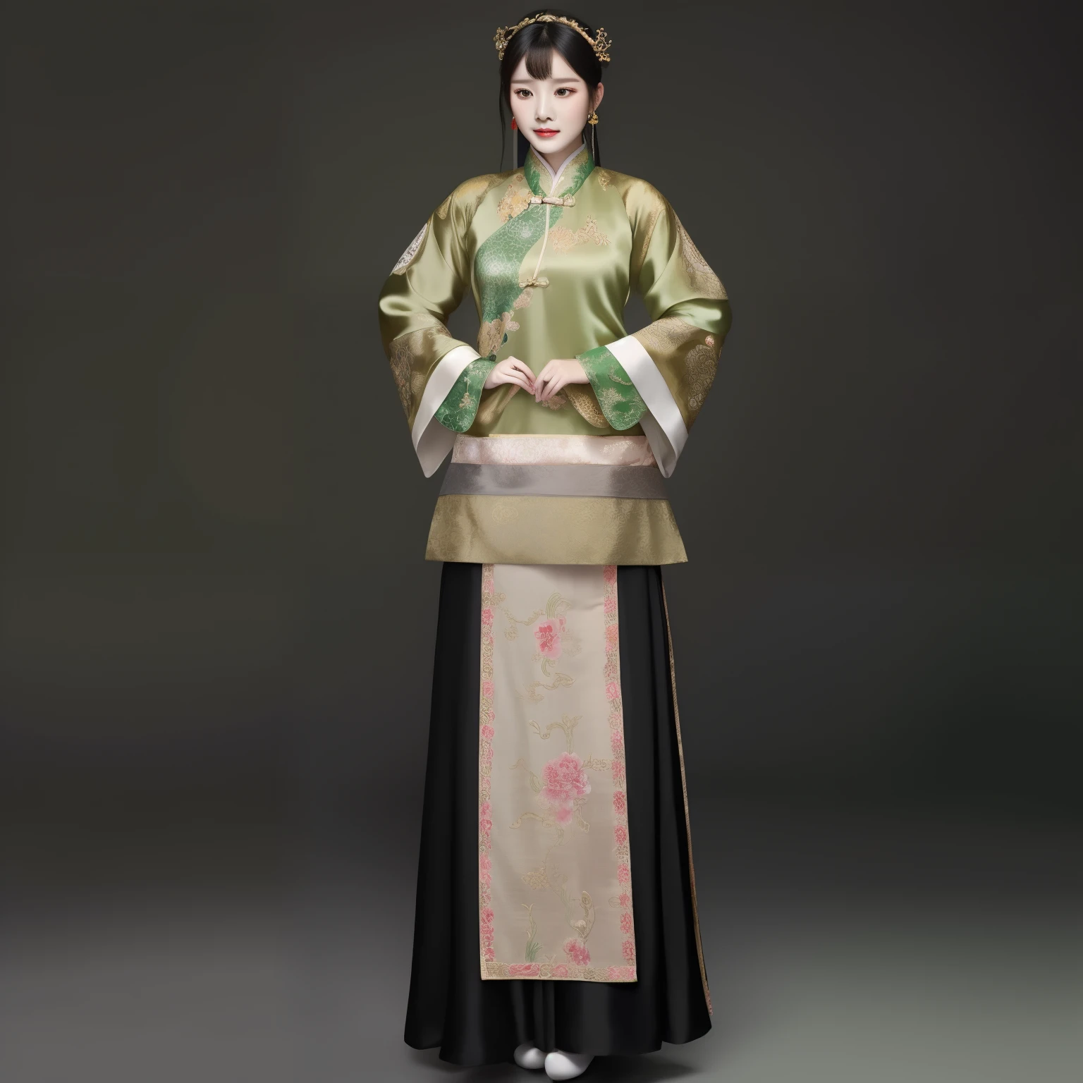 a close up of a woman in a green and black dress, traditional chinese clothing, with acient chinese clothes, wearing ancient chinese clothes, chinese costume, hanfu, inspired by Guo Xi, traditional clothing, traditional chinese, wearing ornate silk clothes, traditional clothes, palace ， a girl in hanfu, chinese style, traditional tai costume, ancient chinese princess