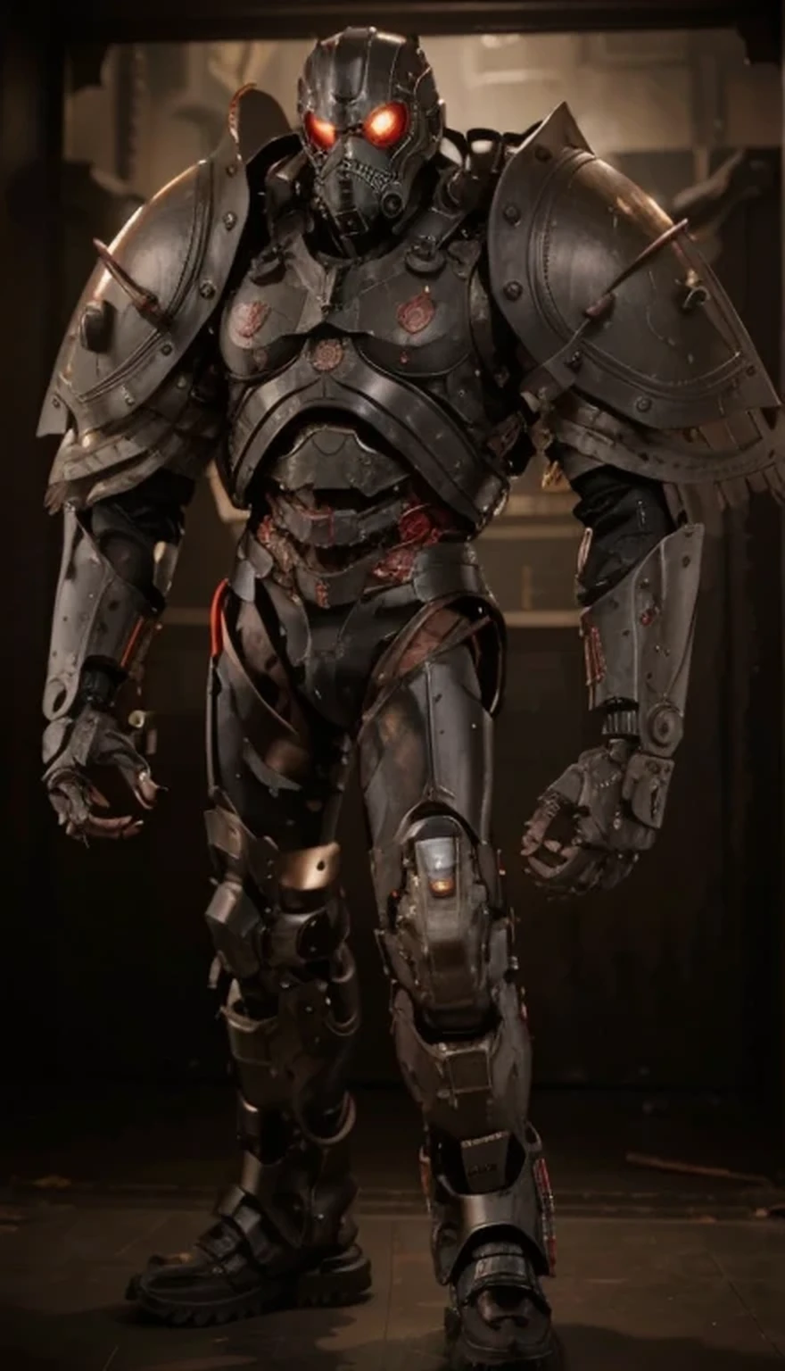 male zombie cyborg, tactical gas mask, advanced heavy metal armor, black metal chest with red details, metal shoulder pads, metal wrist guards, tubes and cables come out of his torso, he has scars, black metal cybernetic pants, hands with claws, one of his hands is mechanical, scorpion tail symbol, he is in a dark temple with red stained glass, image in red tones, 4k, ultra detailed image, realistic, very detailed, perfect composition, splendid, intricately detailed , incredibly detailed, art photography 8k, hyper detailed, Masterpiece, ultra detailed, hyper realistic, 4k, ultra detailed image, realistic, highly detailed, perfect composition, splendid, intricately detailed, incredibly detailed, Artistic photography in 8k, hyper detailed