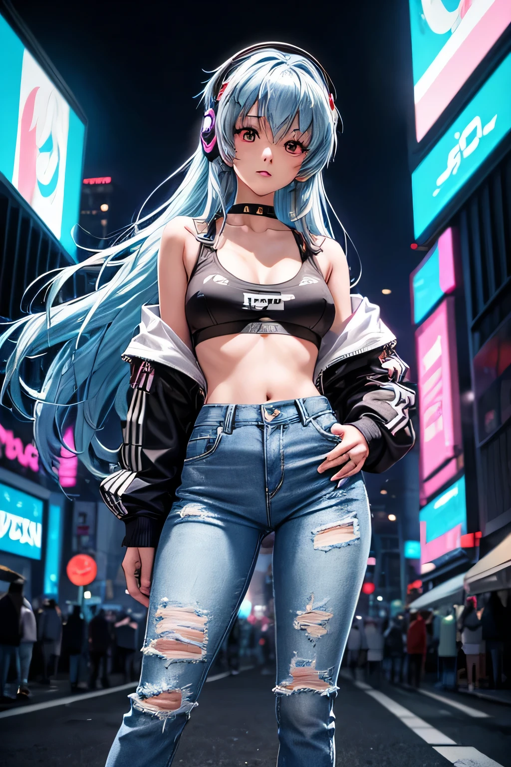 a girl that looks like Rei Ayanami with straight long hair up to the shoulder, wearing streetwear denim pants and headphones, blue hoodie, on the chest says 'Future Funk', amidst a vibrant futuristic cityscape illuminated by neon lights. standing in the middle of a big intersection