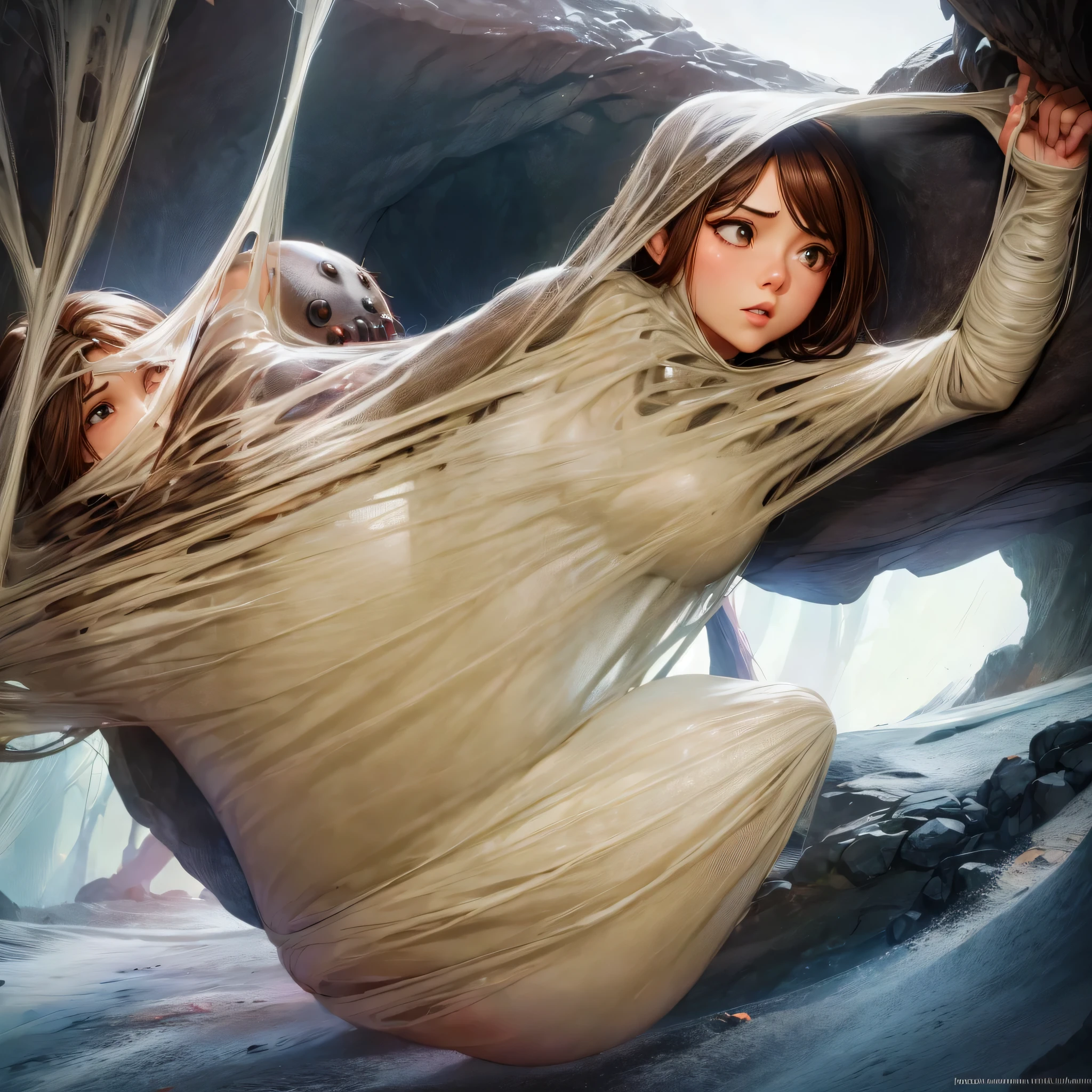 1girl,Spider weaves a net on a girl, very realistic, very detailed,bed,stretched, dark cave, struggle in the net,brown haired, very long sheer dress,hang,green bra